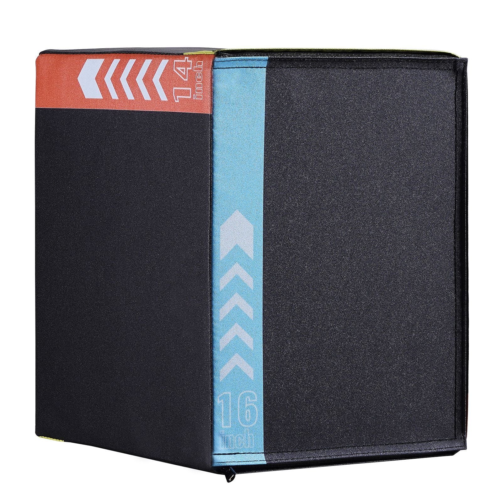 Black 3-in-1 plyometric jump box with 16, 14, and 12-inch heights, anti-slip surface, used for fitness, agility, and strength training.