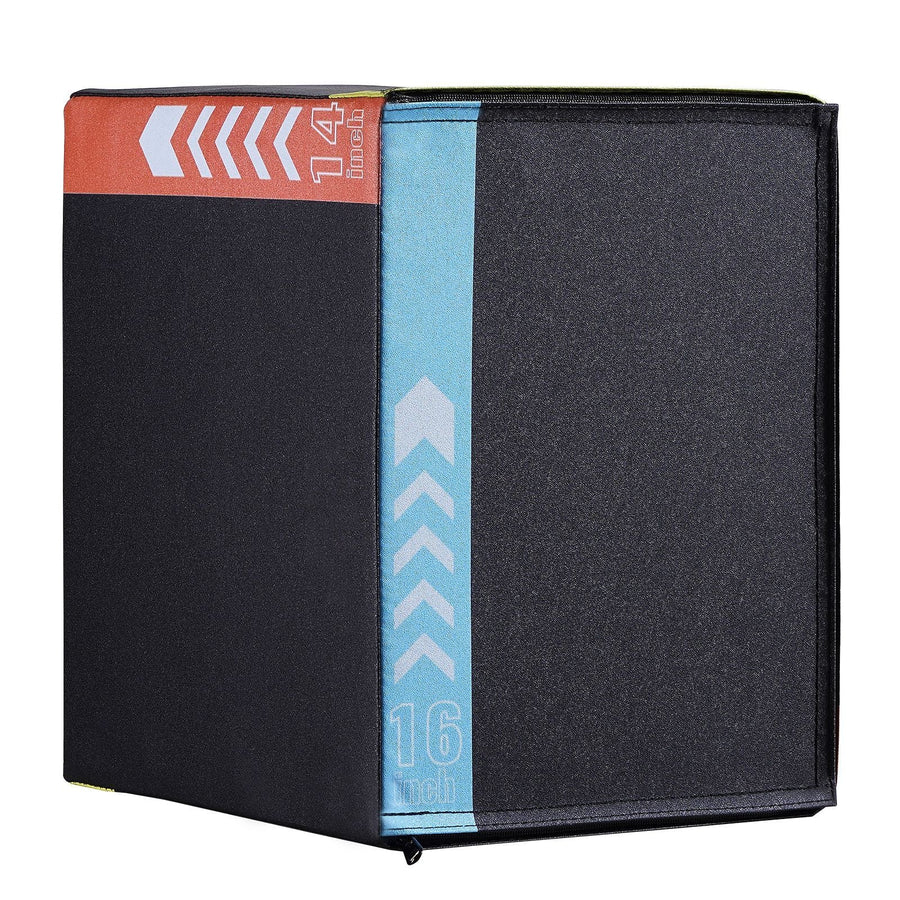 Black 3-in-1 plyometric jump box with 16, 14, and 12-inch heights, anti-slip surface, used for fitness, agility, and strength training.