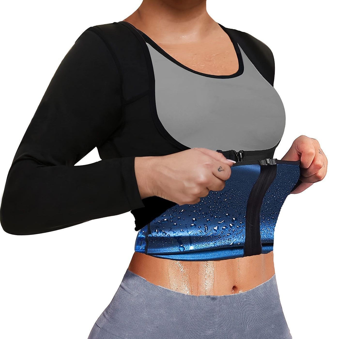 Berry Charmz women's sauna suit with long sleeves, zipper, sweat body shaper, and waist trainer for enhanced workout comfort.