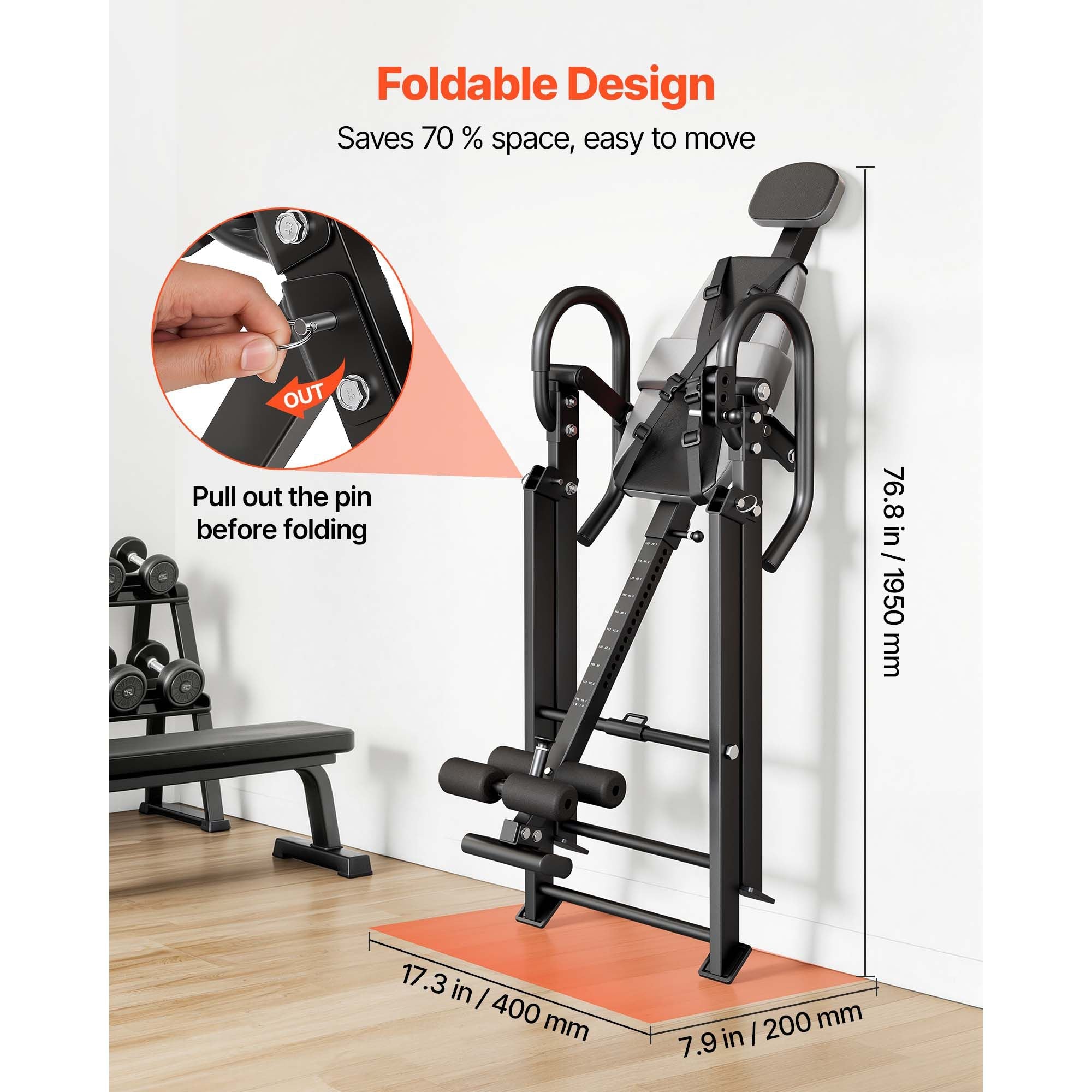 Berry Charmz inversion table with sturdy frame, padded backrest, dual-roller locks, designed for back, neck, shoulder, and knee decompression.