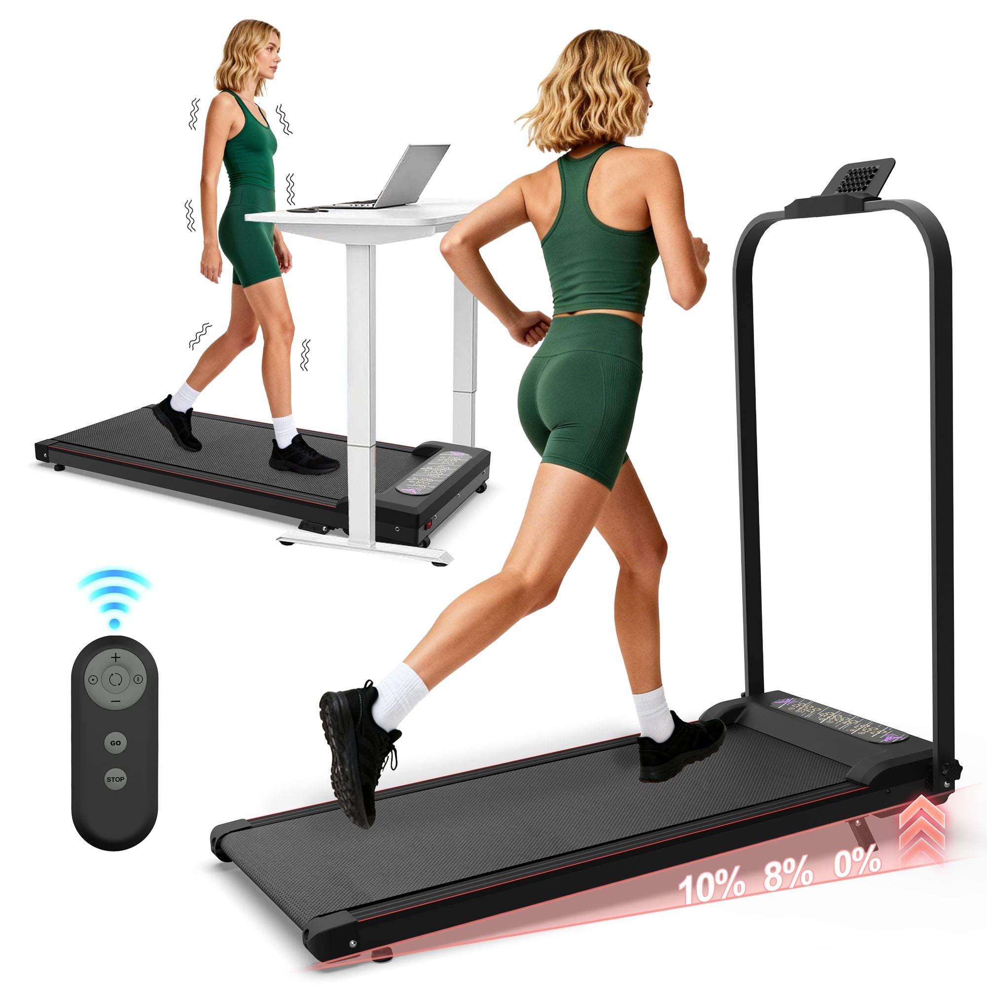 Foldable Berry Charmz treadmill with handlebar and incline, portable under desk walking pad with remote control for home or office use.