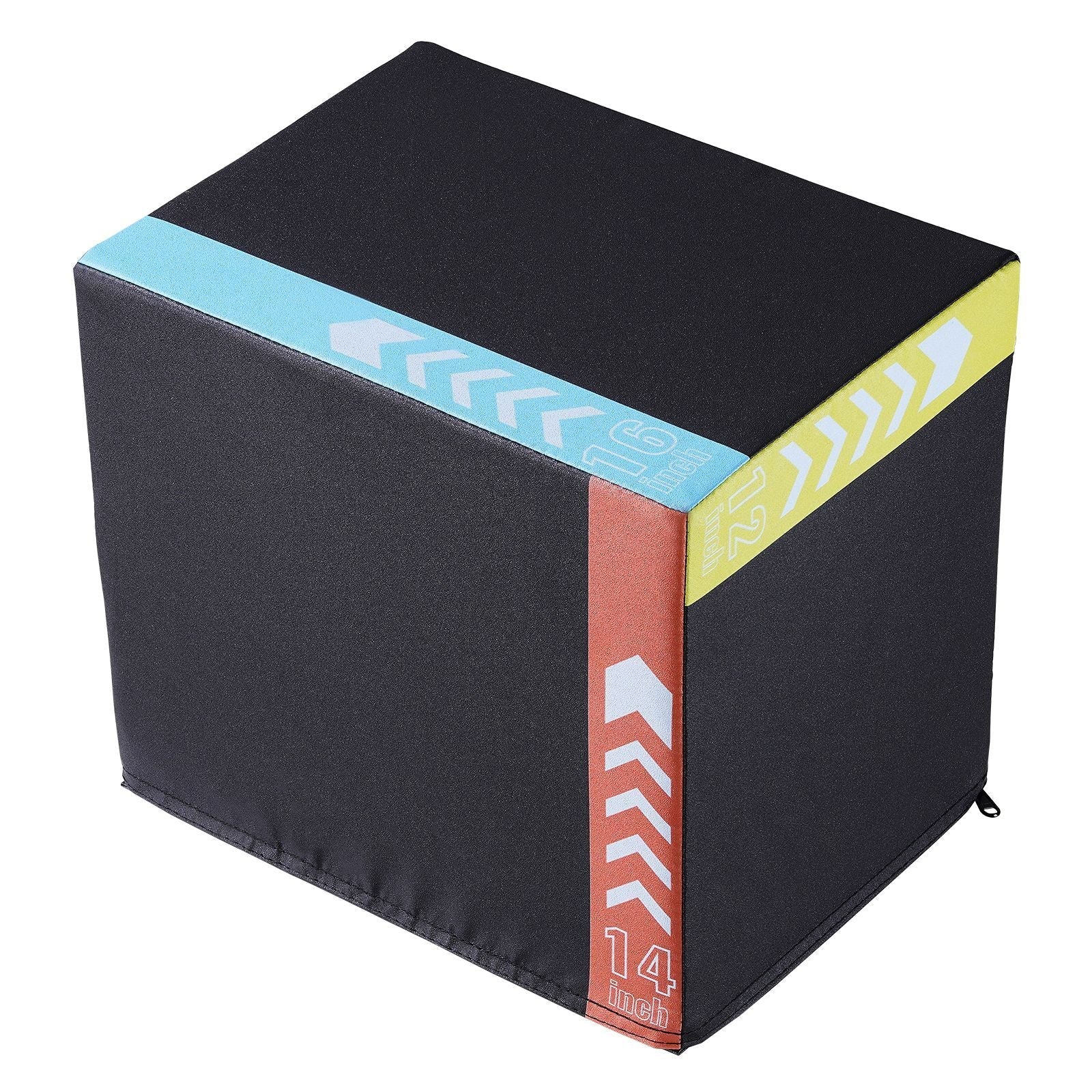 Black 3-in-1 plyometric jump box with 16, 14, and 12-inch heights, featuring anti-slip surface for home gym agility and strength training.