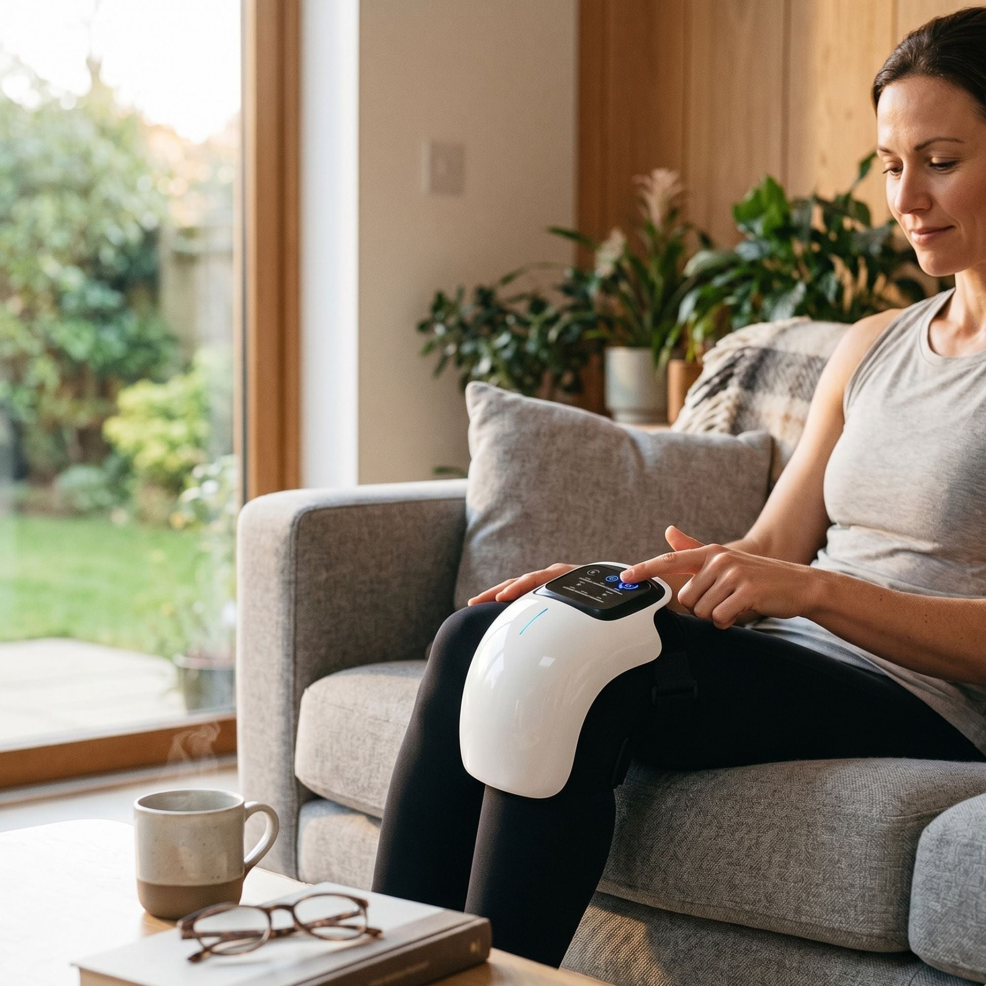 Wireless Berry Charmz Smart Knee Massager with heat, pulse technology, adjustable strap, and multiple intensity levels for muscle relief.