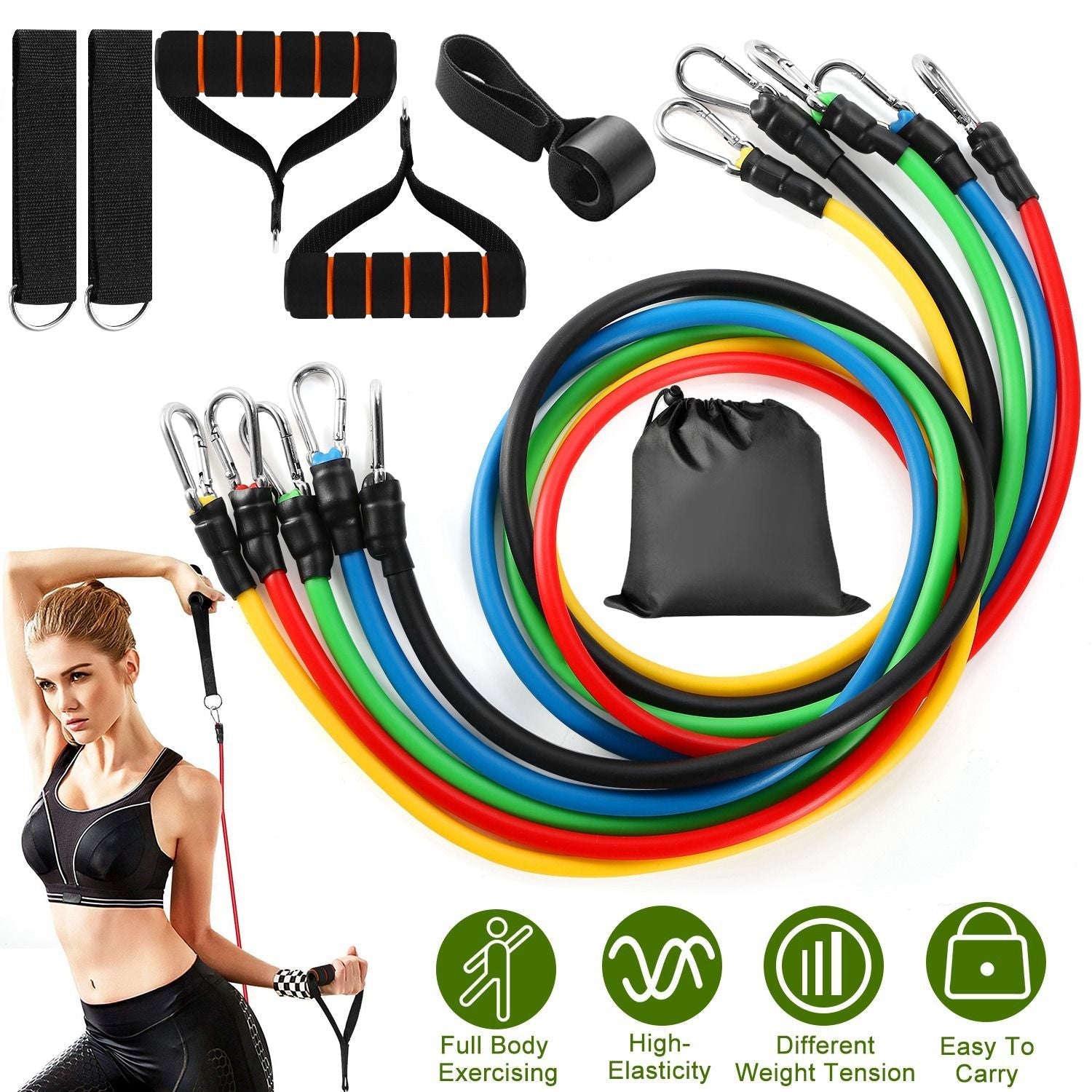 Berry Charmz 11-piece resistance bands set with handles, ankle straps, and door anchor for fitness, yoga, and Pilates workouts.