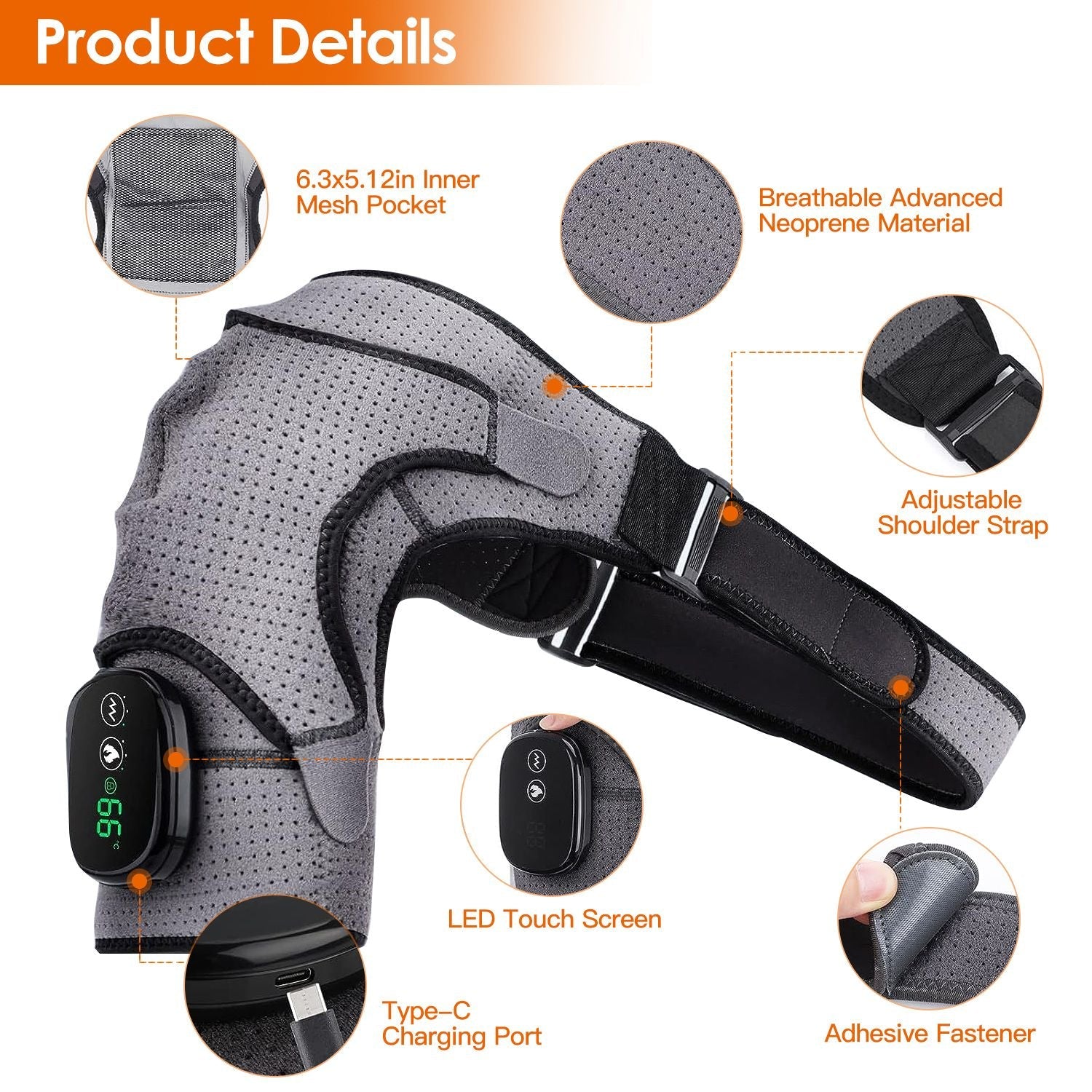 Berry Charmz cordless heated shoulder wrap with adjustable support, featuring 3 heating levels and 3 vibration modes for left or right shoulder.