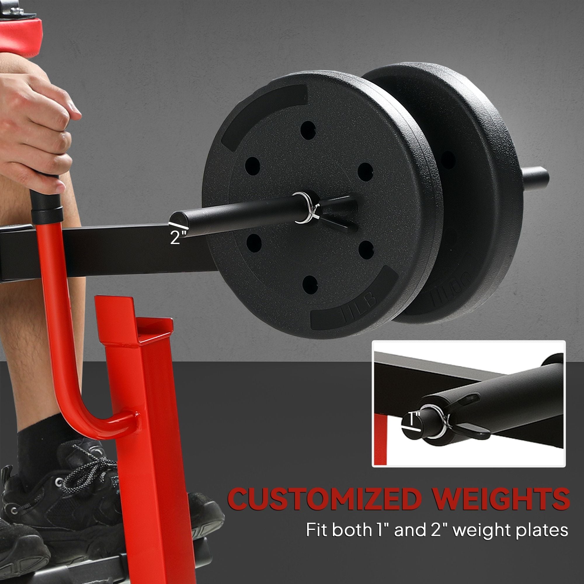 Red adjustable steel seated calf raise machine by Berry Charmz for strength training and gym exercise.