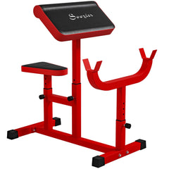 Red Berry Charmz preacher curl bench with adjustable seated arm pad and barbell support for strength training and bicep isolation.