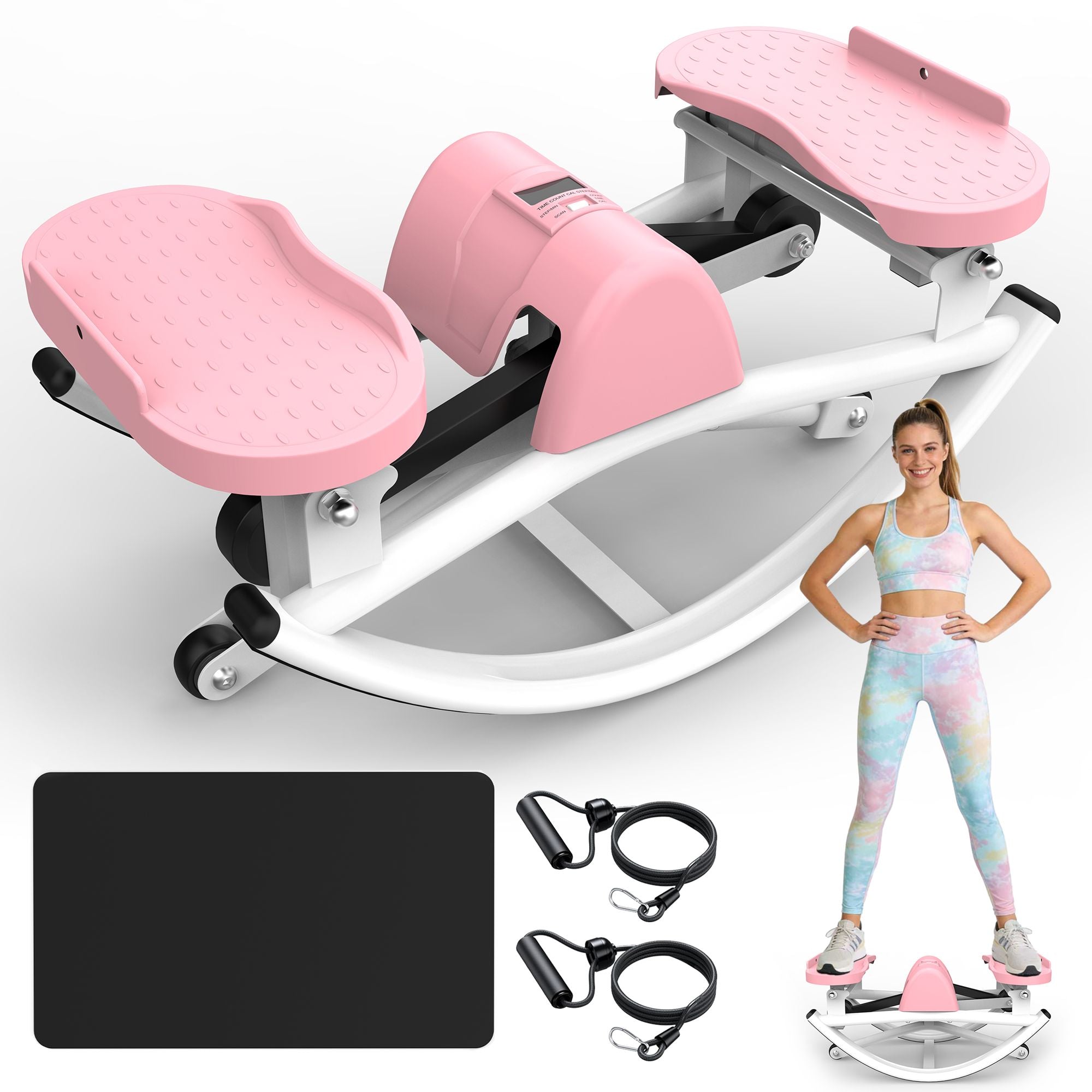Berry Charmz lateral stepper exercise machine with resistance bands, anti-slip mat, and LCD monitor for home workout sessions.