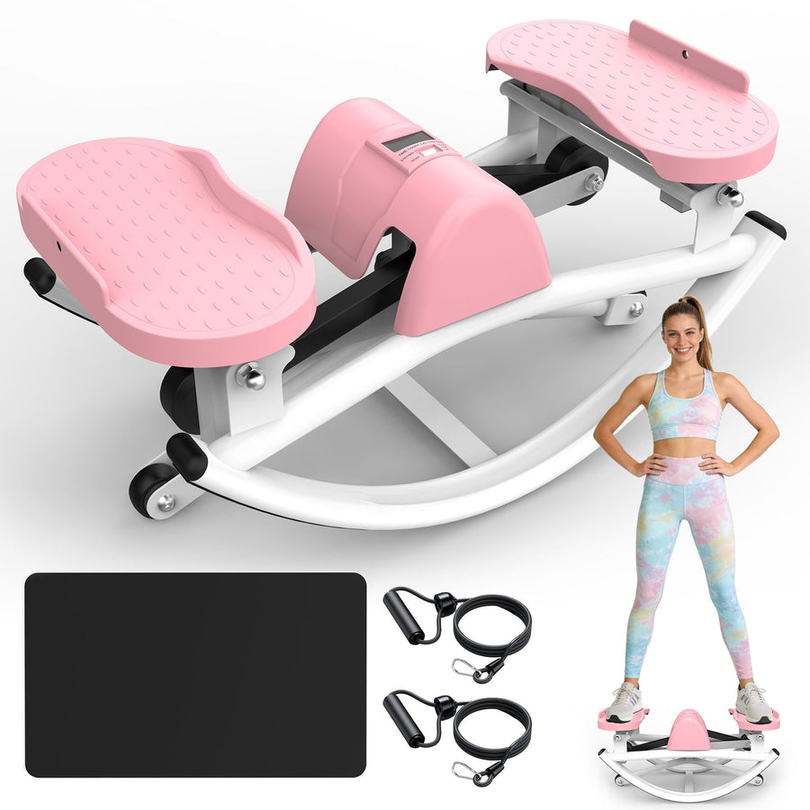 Berry Charmz lateral stepper exercise machine with resistance bands, anti-slip mat, and LCD monitor for home workout sessions.