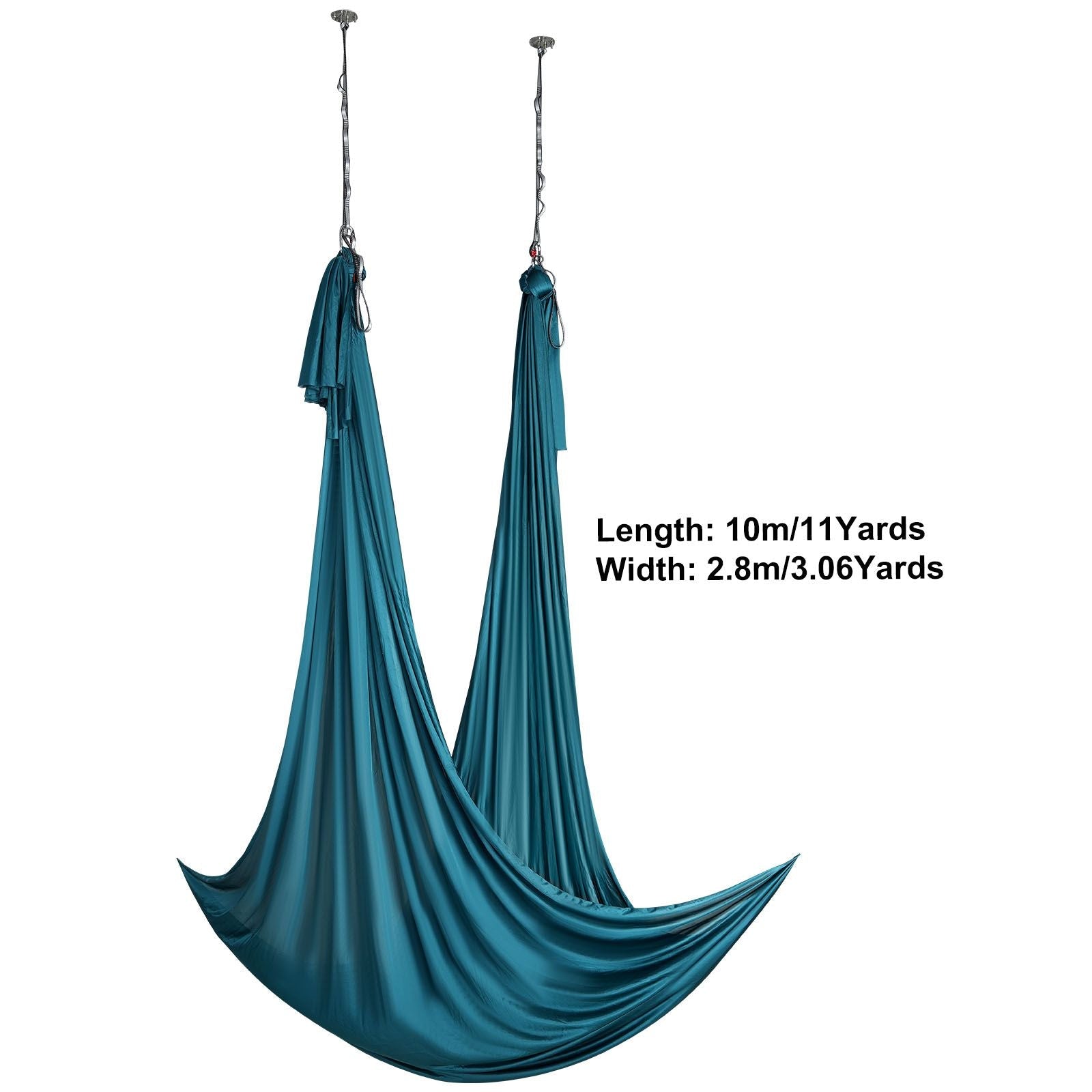 Green aerial silk and yoga swing kit with 11 yards of nylon fabric, rigging hardware, and setup guide for aerial yoga and fitness.