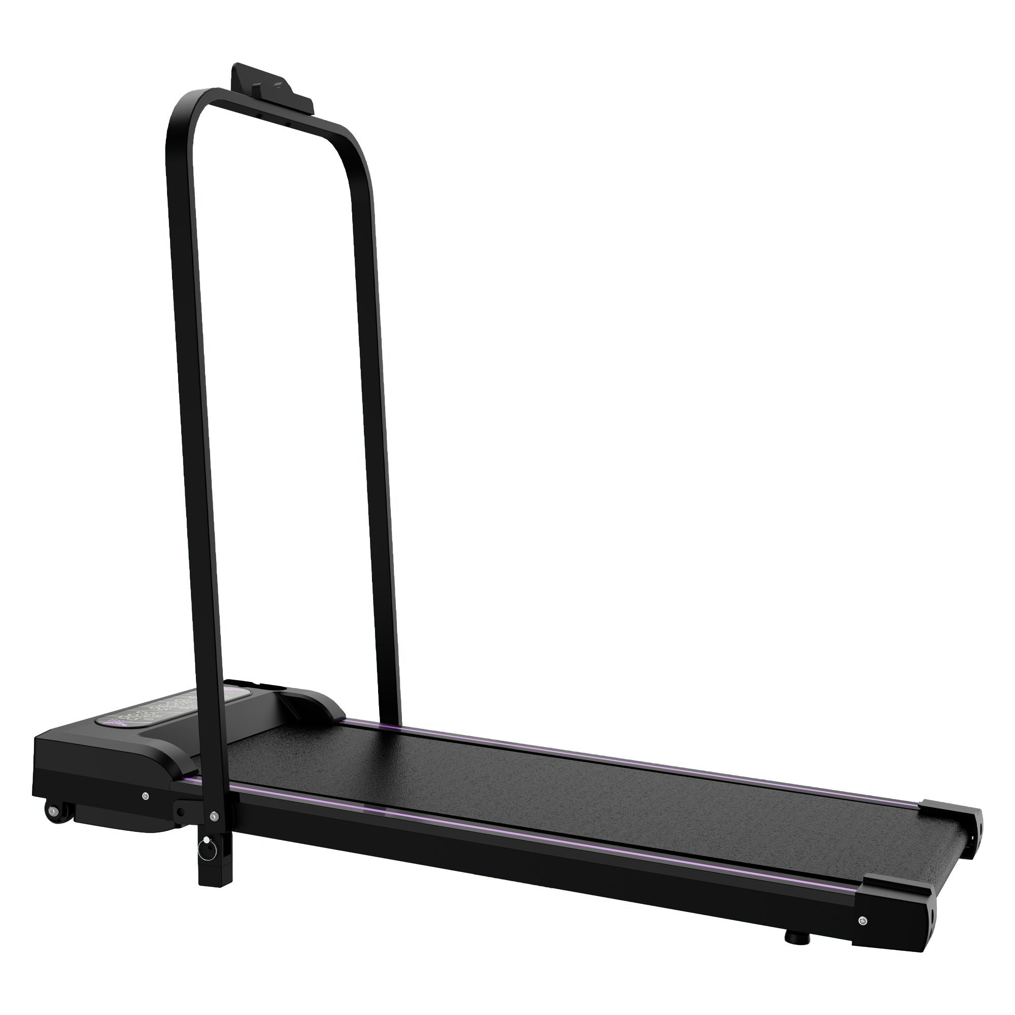 Black under desk treadmill with handle, remote control, LED display, and compact design by Berry Charmz for home and office use.