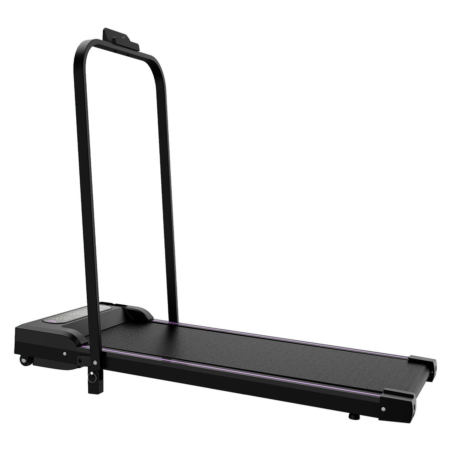 Black under desk treadmill with handle, remote control, LED display, and compact design by Berry Charmz for home and office use.