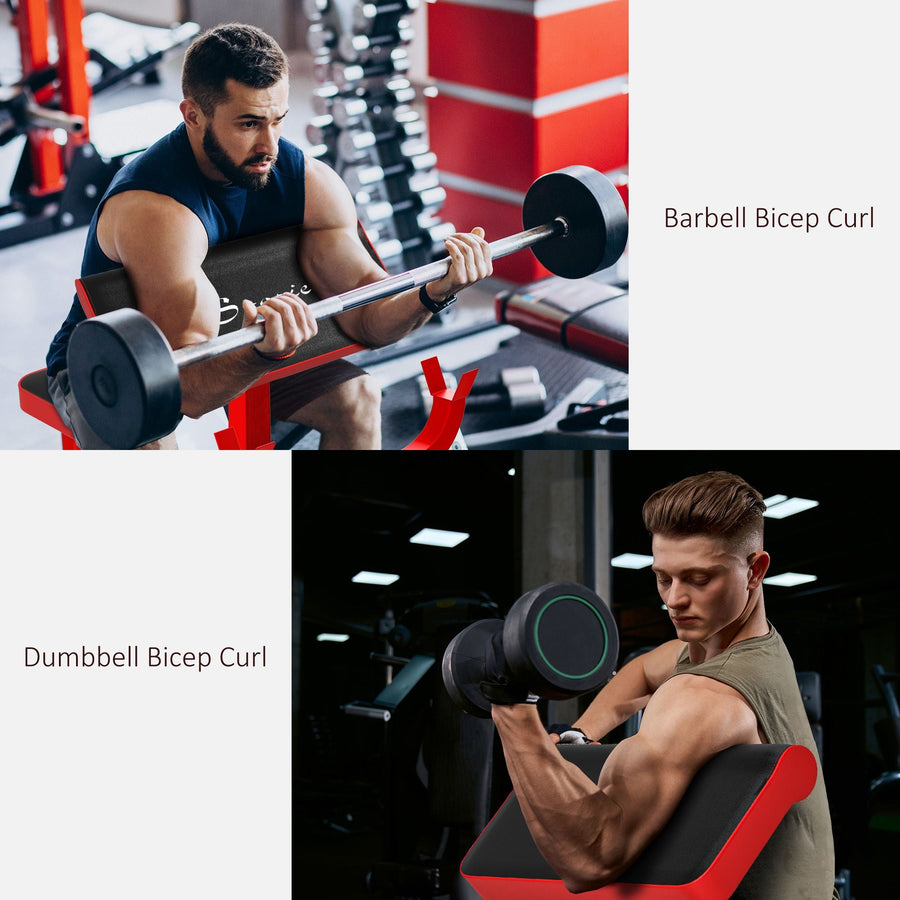 Berry Charmz 265 lbs preacher curl bench in red with adjustable arm support for bicep strength training and dumbbell exercises.