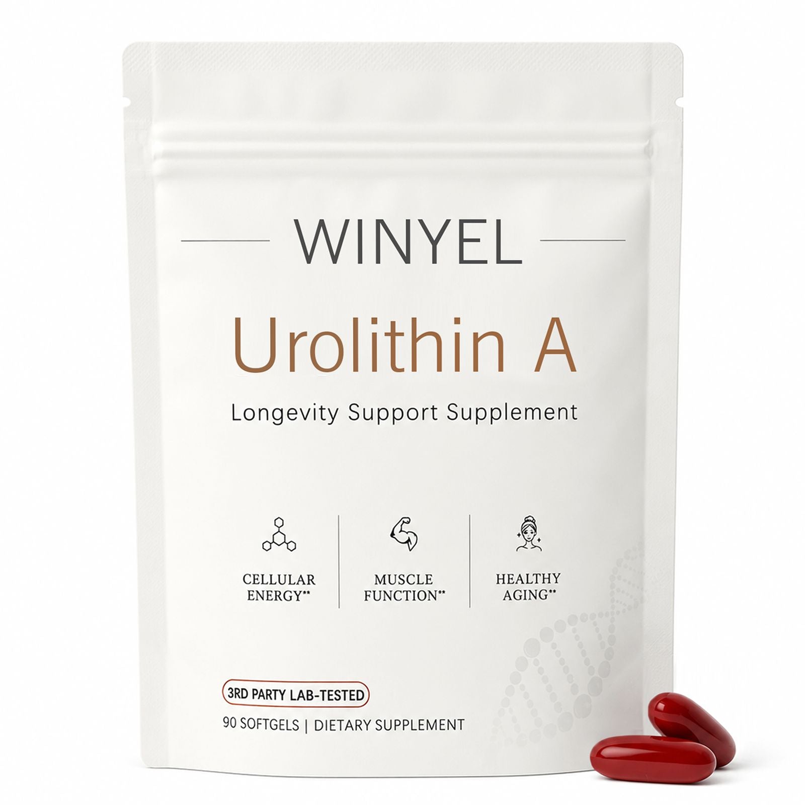 Berry Charmz Urolithin A supplement softgels, 500mg for cellular renewal and healthy aging, shown in a close-up image.