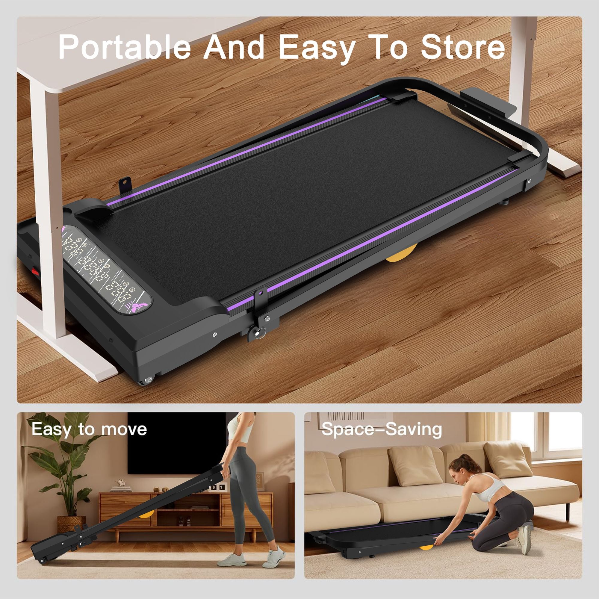 Berry Charmz under desk treadmill with LED display, handle, and remote control, ideal for walking or jogging at home or office.
