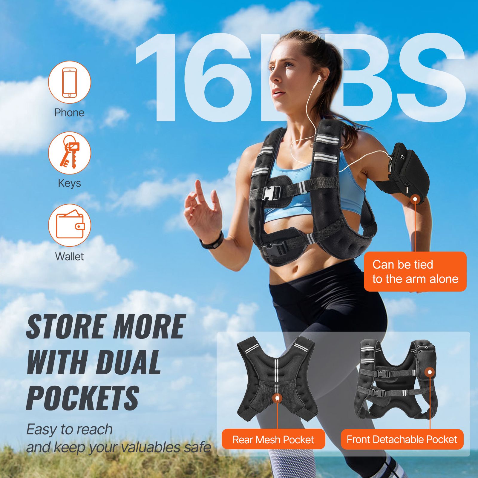 Berry Charmz 16 lbs weighted vest with reflective stripe, adjustable buckle, suitable for men and women during workouts and running.