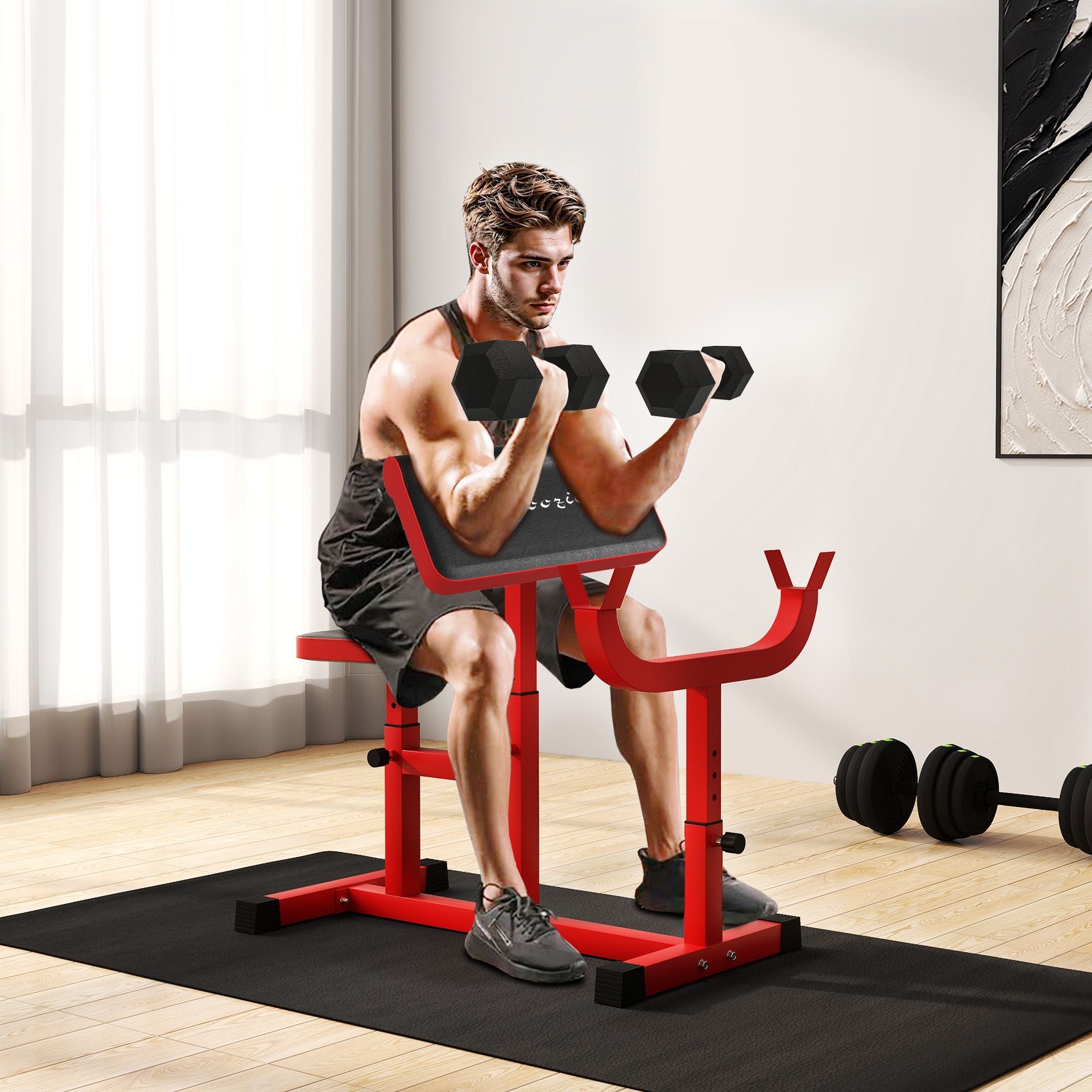 Berry Charmz 265 lbs preacher curl bench in red, adjustable seated arm bicep station with barbell and dumbbell support for strength training