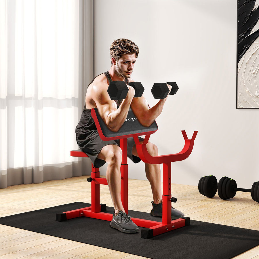Berry Charmz 265 lbs preacher curl bench in red, adjustable seated arm bicep station with barbell and dumbbell support for strength training