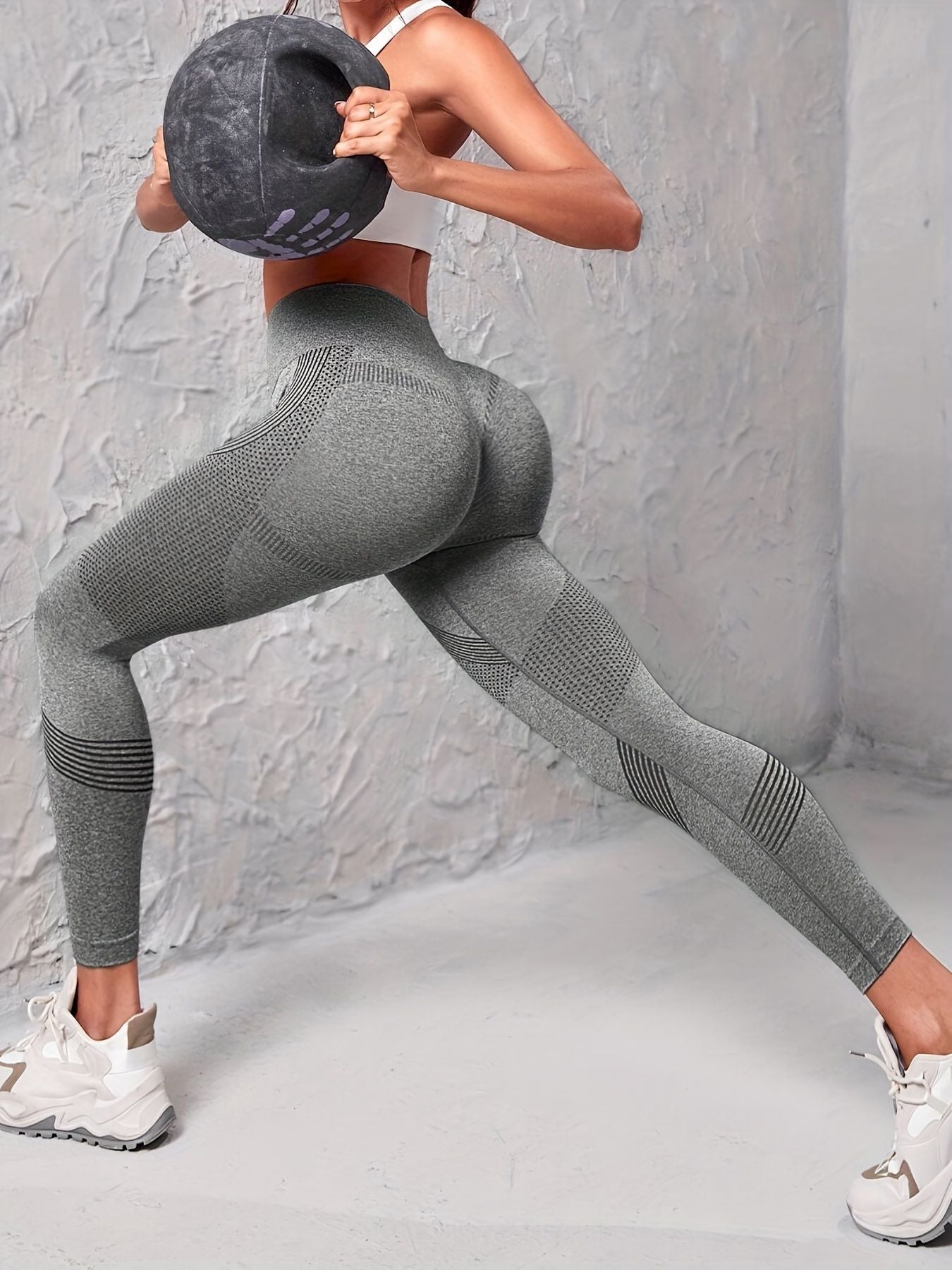Three pairs of seamless striped yoga leggings for women, high-stretch slim fit activewear by Berry Charmz, suitable for workout and gym.