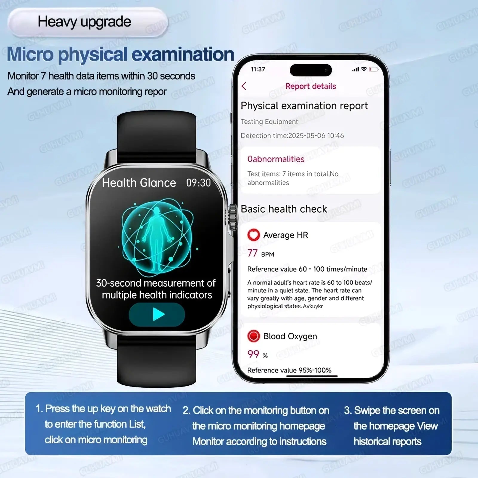 Black ECG health monitoring smart watch by ARBA Global with blood pressure tracking and ECG features.