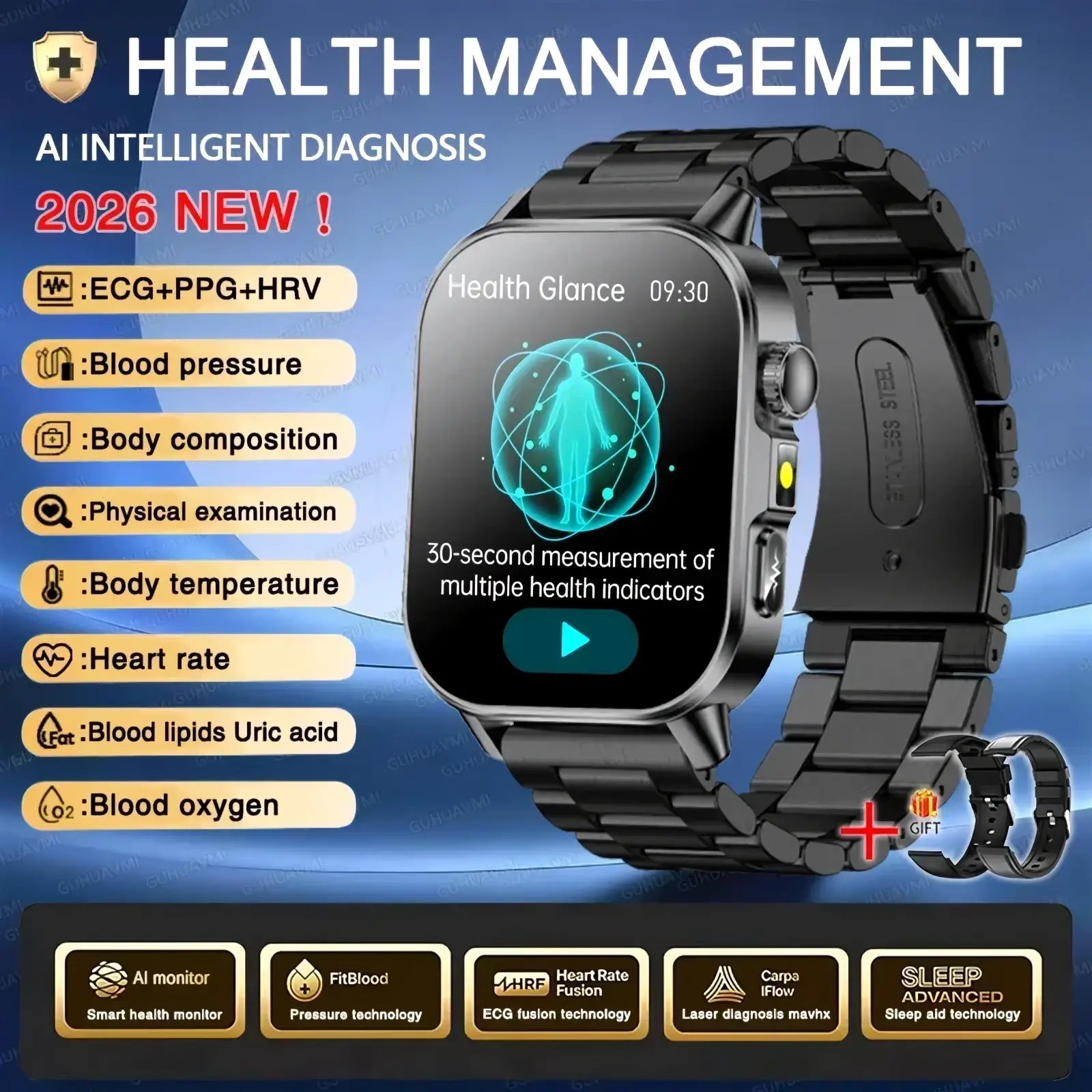Black ECG health monitoring smartwatch with blood pressure tracker by ARBA Global, showing a sleek design and digital display.