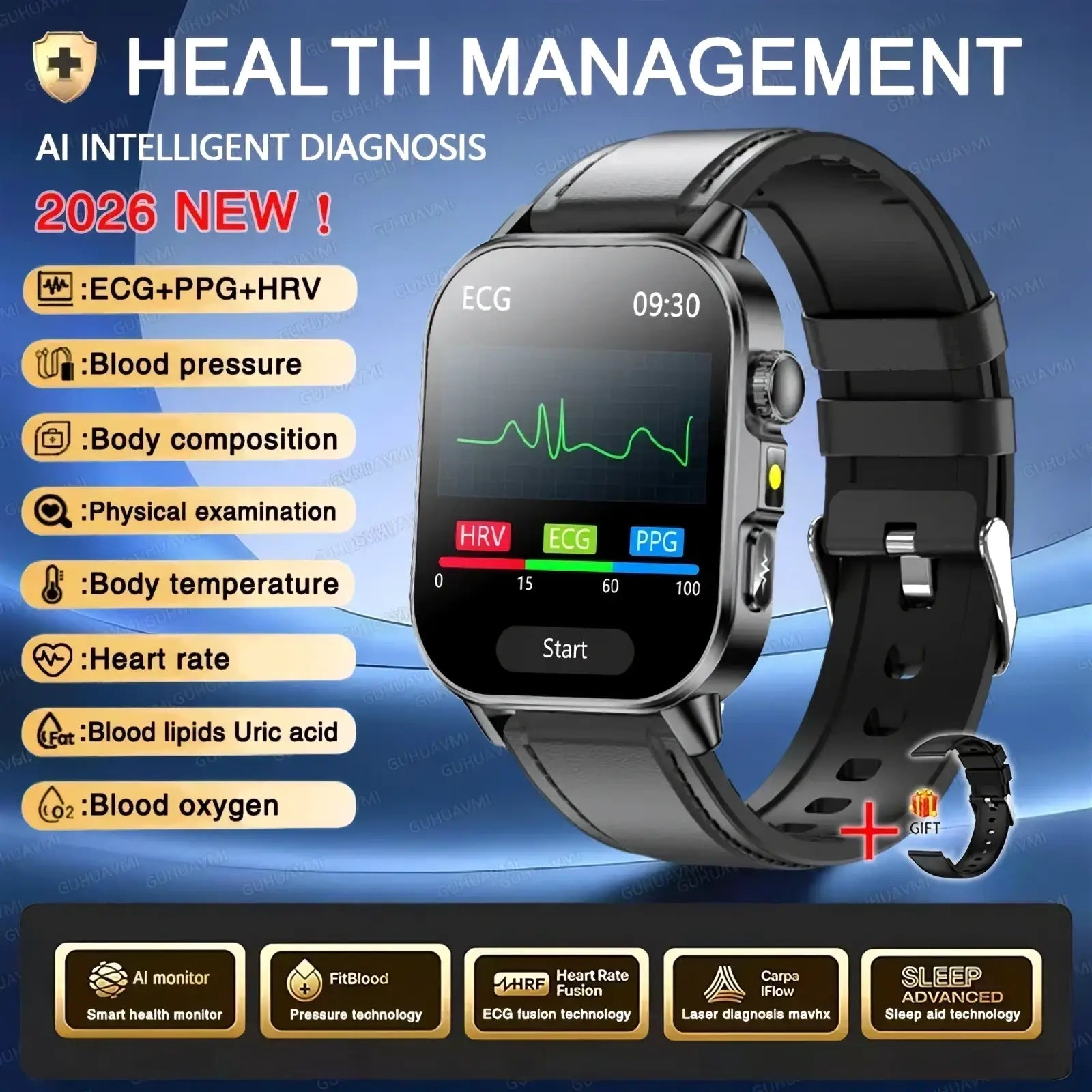 Black ECG health monitoring smart watch with blood pressure tracker by ARBA Global, showing digital display and health data.