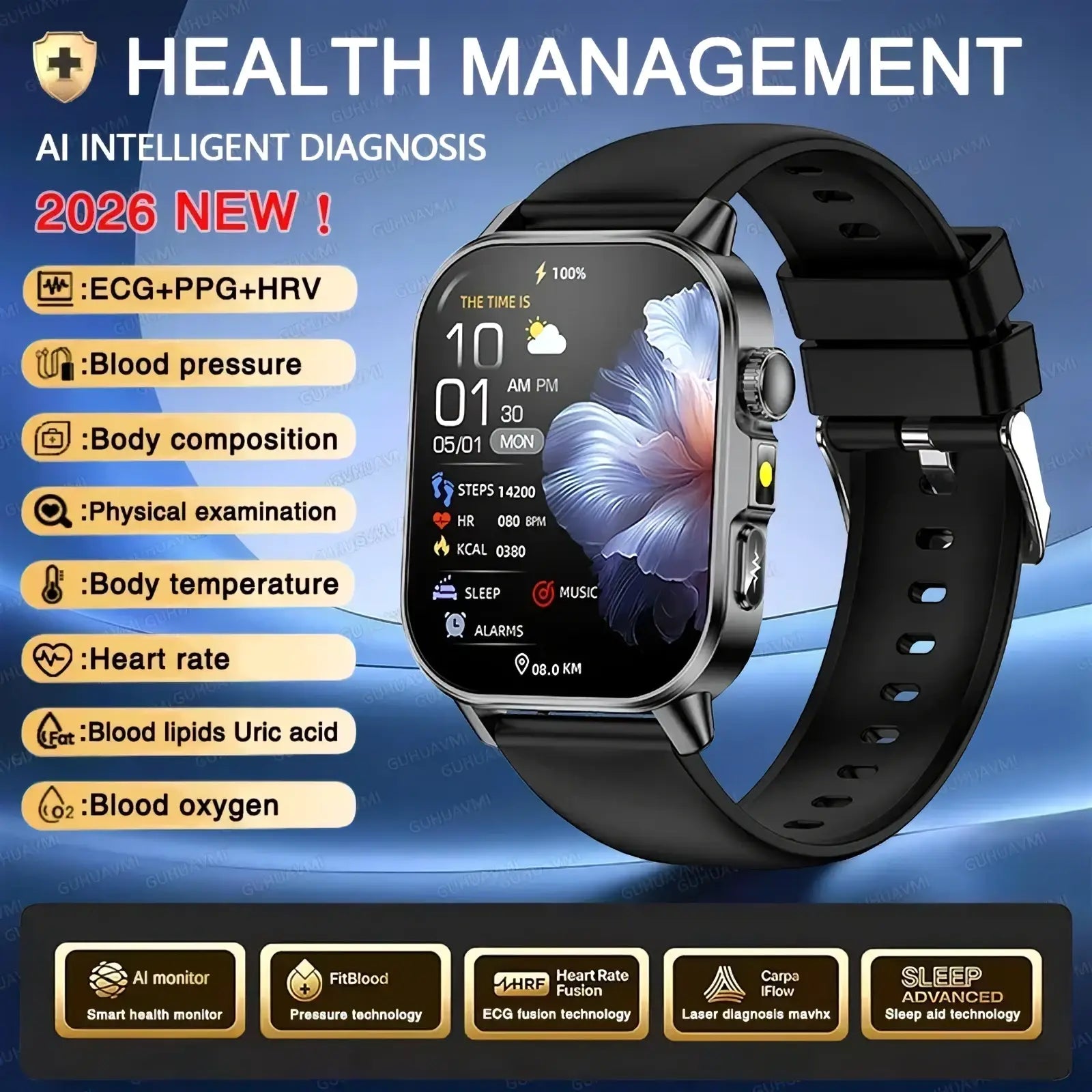 Black ECG health monitoring smartwatch with blood pressure tracking by ARBA Global, showing a close-up of the device on a wrist.