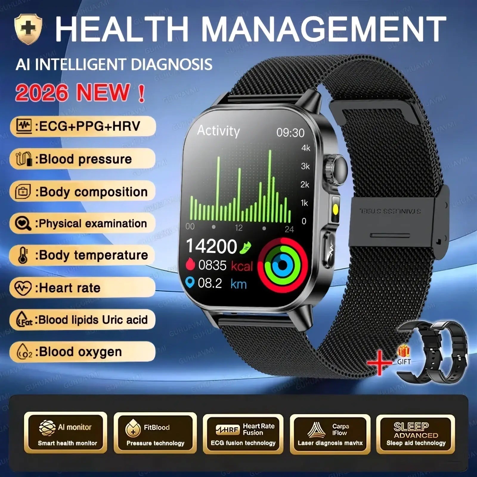 Black ECG health monitoring smart watch with blood pressure tracker by ARBA Global, featuring a sleek mesh strap.