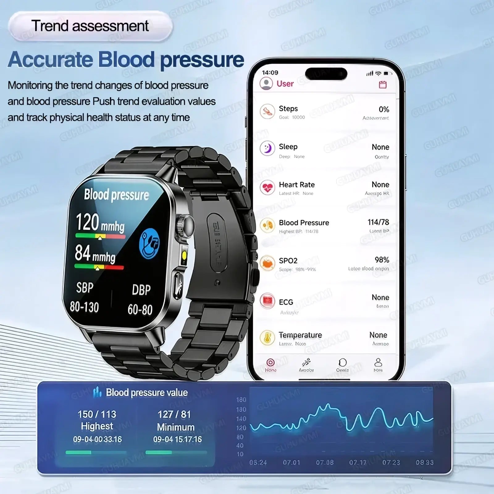 ARBA Global ECG health monitoring smart watch with blood pressure tracker, black metal band, fitness and health tracking device.