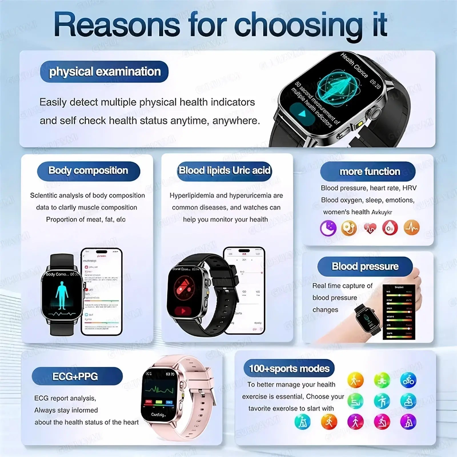 Black and pink ECG health monitoring smart watch by ARBA Global with blood pressure tracking features.