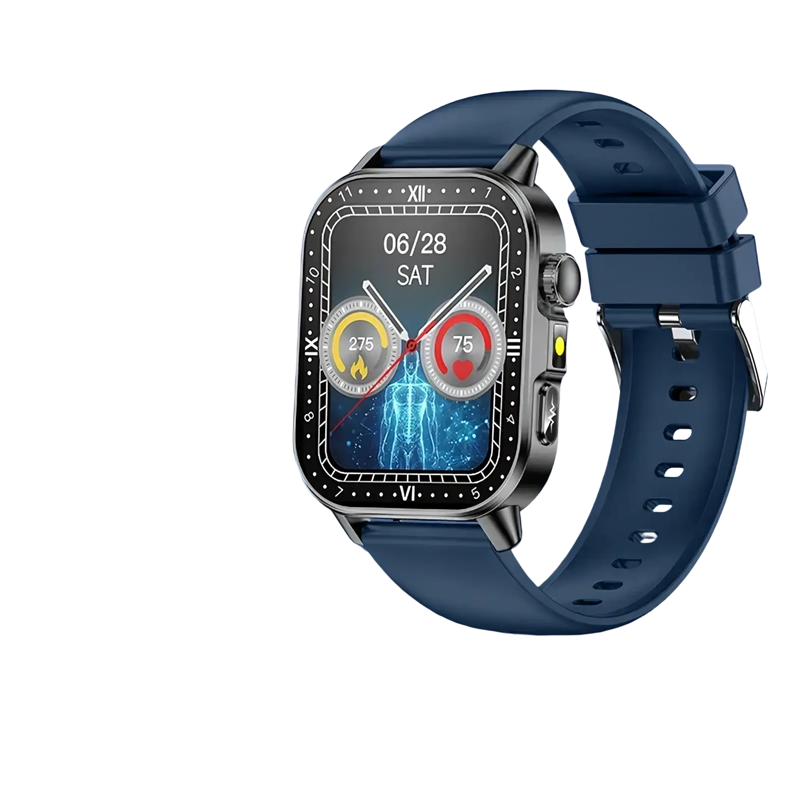 Blue ECG health monitoring smart watch by ARBA Global with blood pressure tracking and health monitoring features.