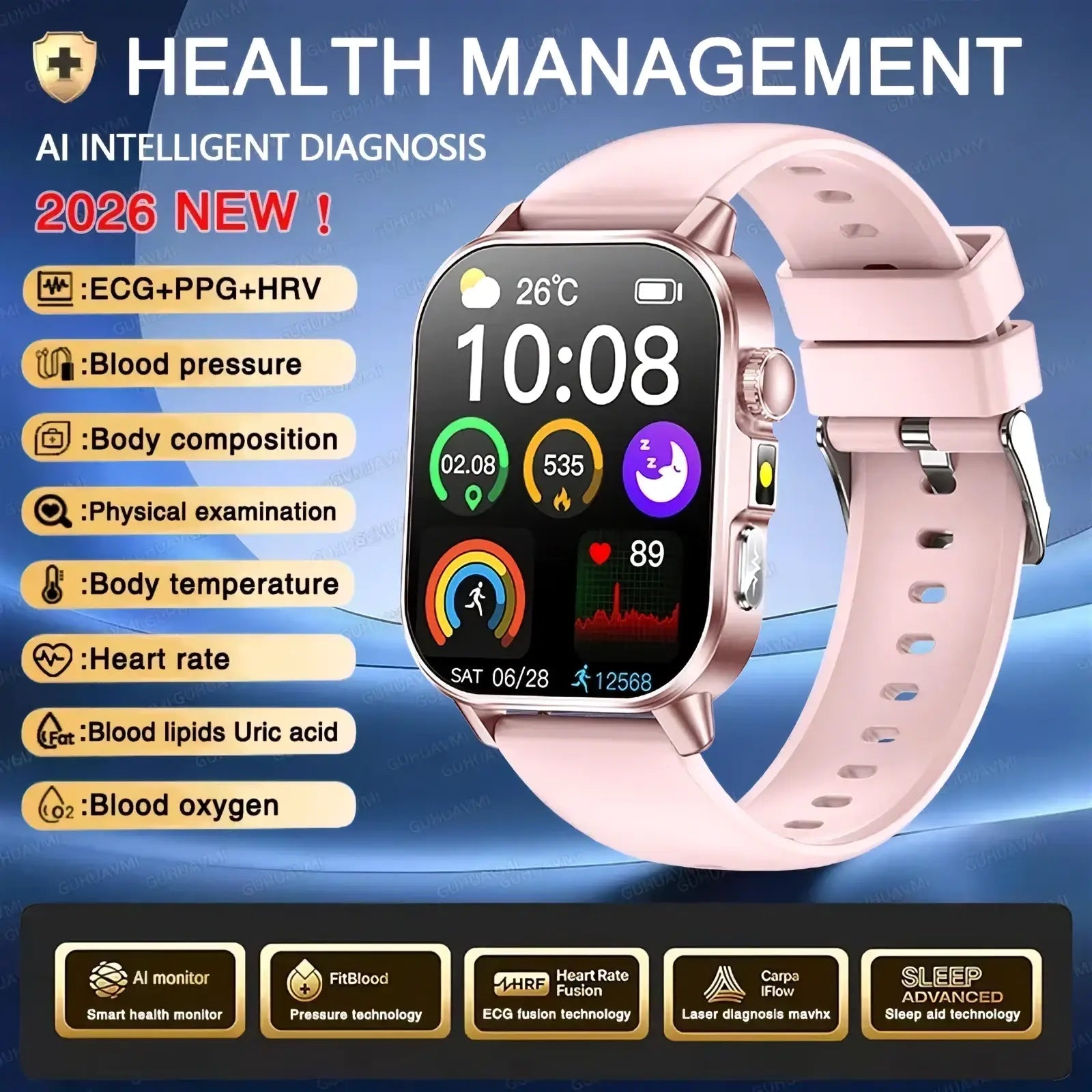 Pink ARBA Global ECG health monitoring smart watch with blood pressure tracking display and fitness tracking features.