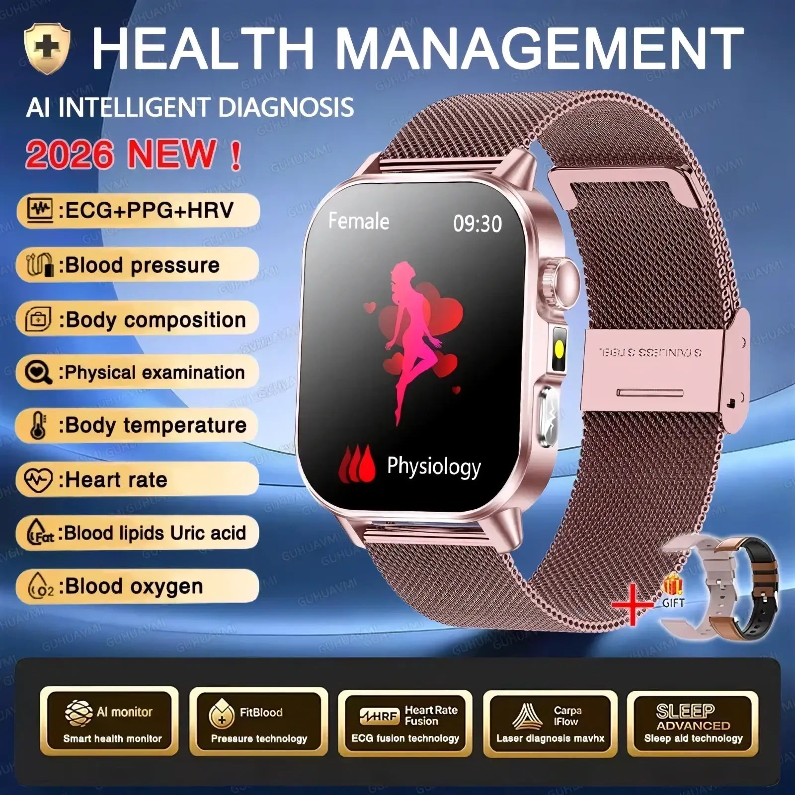 Rose gold ECG health monitoring smart watch with blood pressure tracker by ARBA Global, displaying the watch face and sensors.