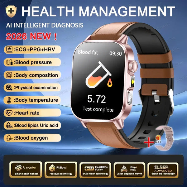 Rose gold ECG health monitoring smart watch with blood pressure tracker by ARBA Global, displaying the watch face and sensors.