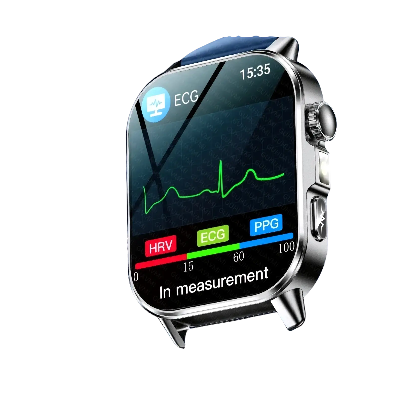 Silver ECG health monitoring smartwatch by ARBA Global with blood pressure tracking and heart rate monitoring.