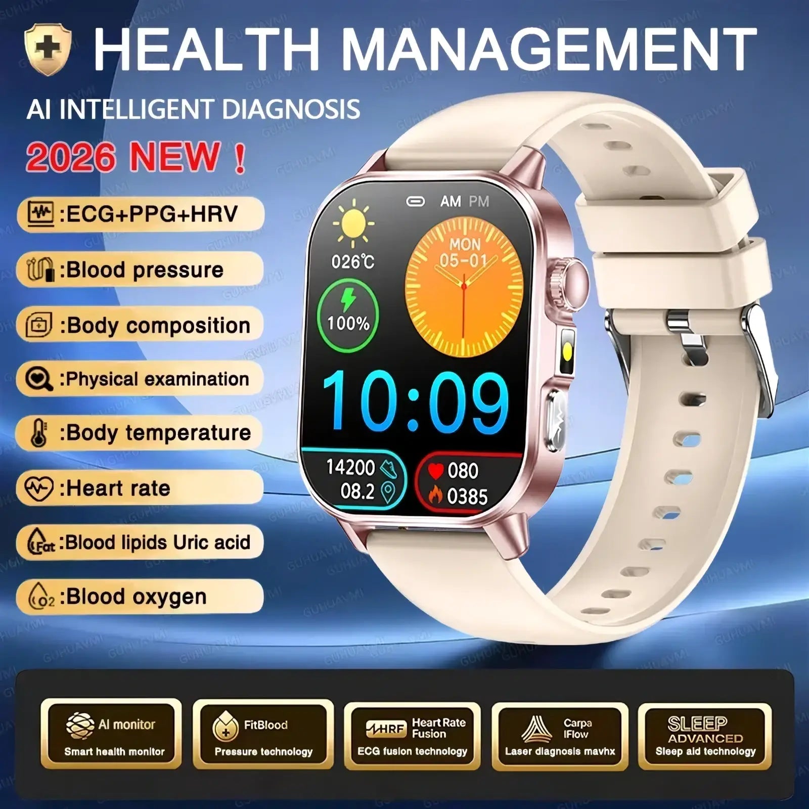 ARBA Global ECG health monitoring smart watch with blood pressure tracker, sleek rose design and digital display.