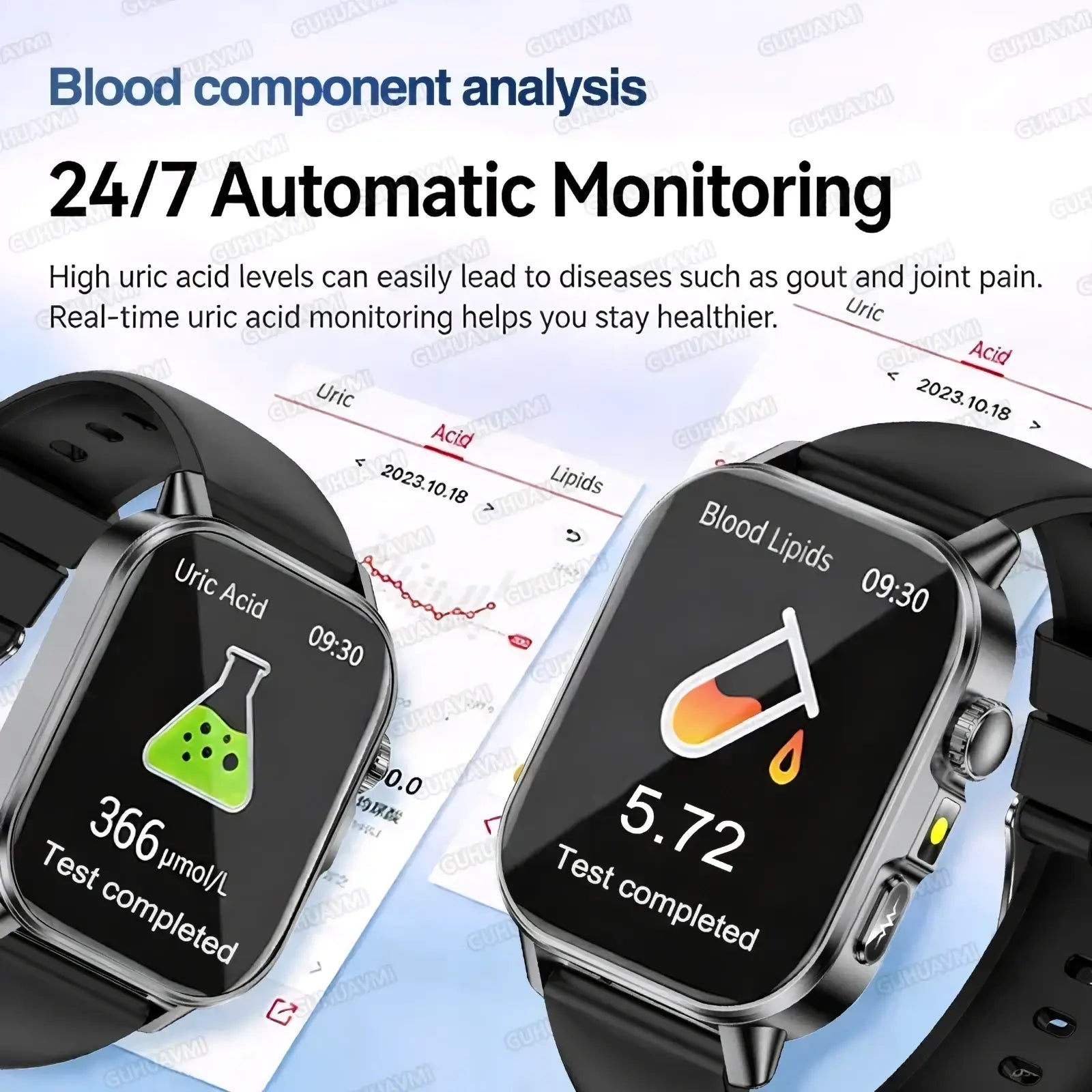 ARBA Global ECG health monitoring smartwatch with blood pressure tracker, showing a sleek digital display and health data.