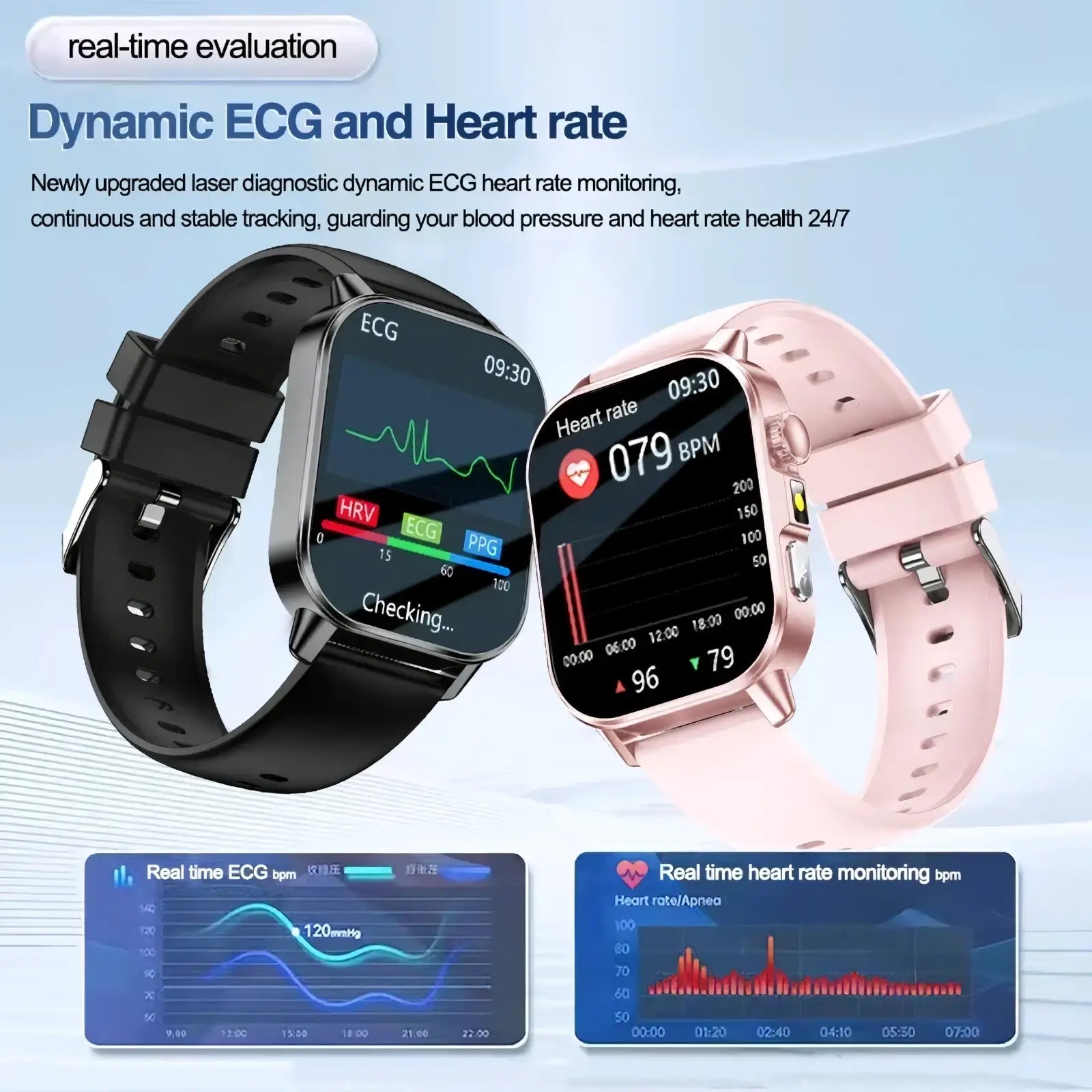 ARBA Global ECG health monitoring smart watch with blood pressure tracker, showing a user wearing the device on their wrist.
