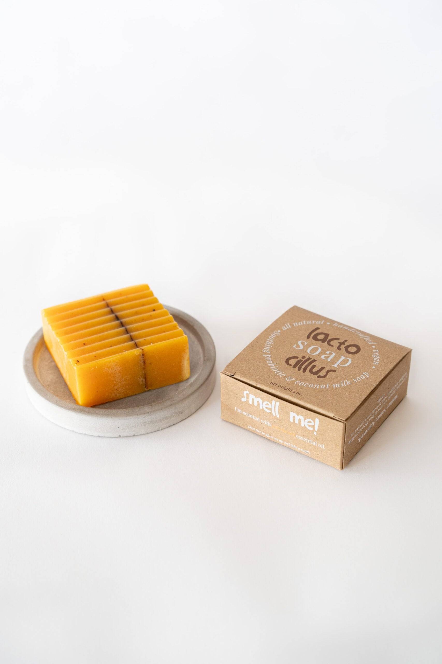 Probiotic bar soap with frankincense, tea tree, and lavender from Elemental Wellness Shop, showing the soap's textured surface.
