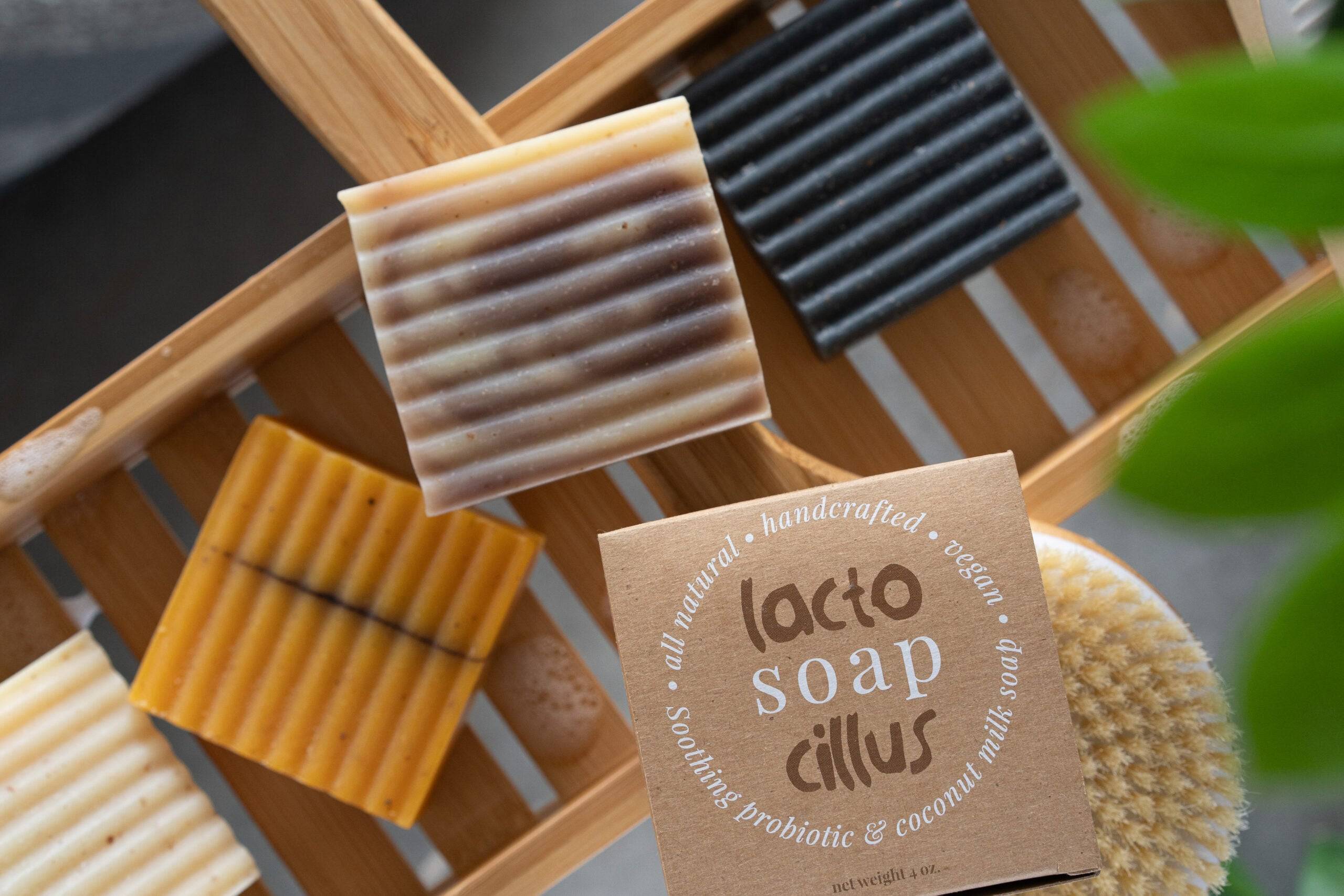 Probiotic bar soap with frankincense, tea tree, and lavender from Elemental Wellness Shop, showing the soap with botanical ingredients.