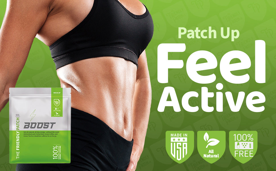 Friendly Patch Co Boost Energy patches with caffeine, guarana, and green tea, shown in a 28-pack package for wearable energy support.