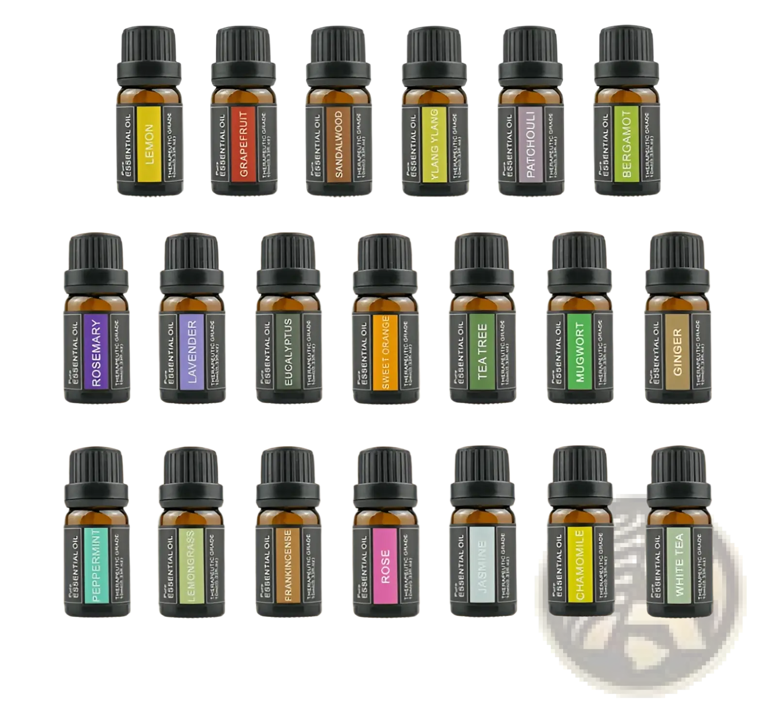 Set of ARBA Global essential oils in 10ml bottles, aromatherapy fragrance box for relaxation and personal care.