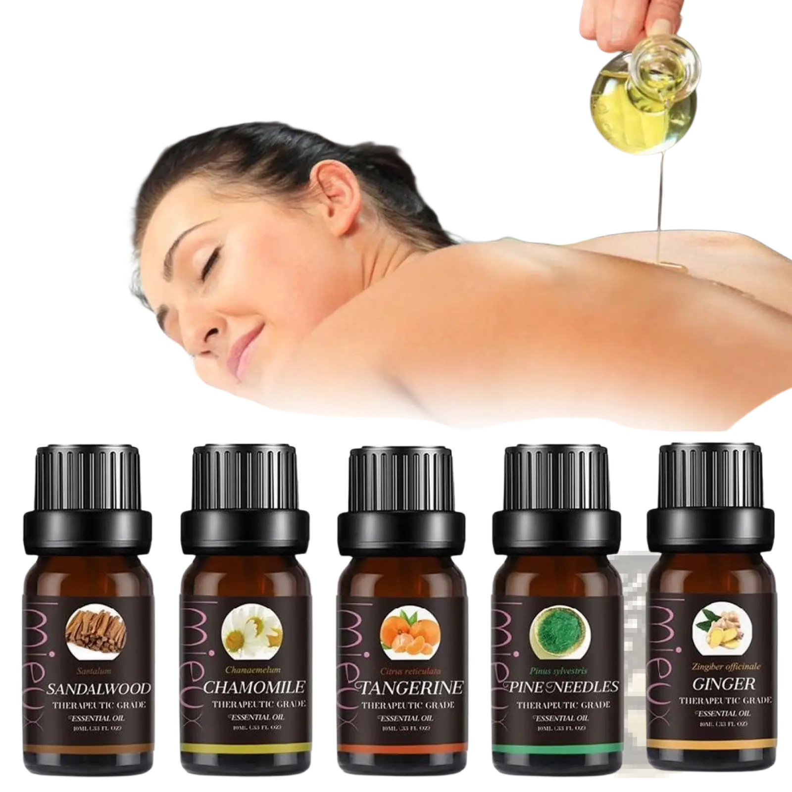 Set of 10 10ml pure aromatherapy essential oil bottles by ARBA Global, featuring various natural scents for personal care.