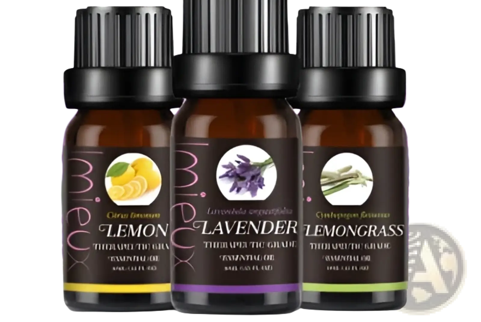 Set of ten 10ml pure aromatherapy essential oil bottles from ARBA Global, displayed in a beauty and personal care context.