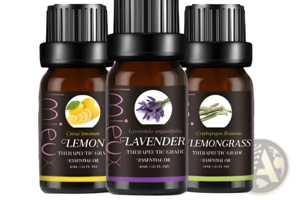 Set of ten 10ml pure aromatherapy essential oil bottles from ARBA Global, displayed in a beauty and personal care context.