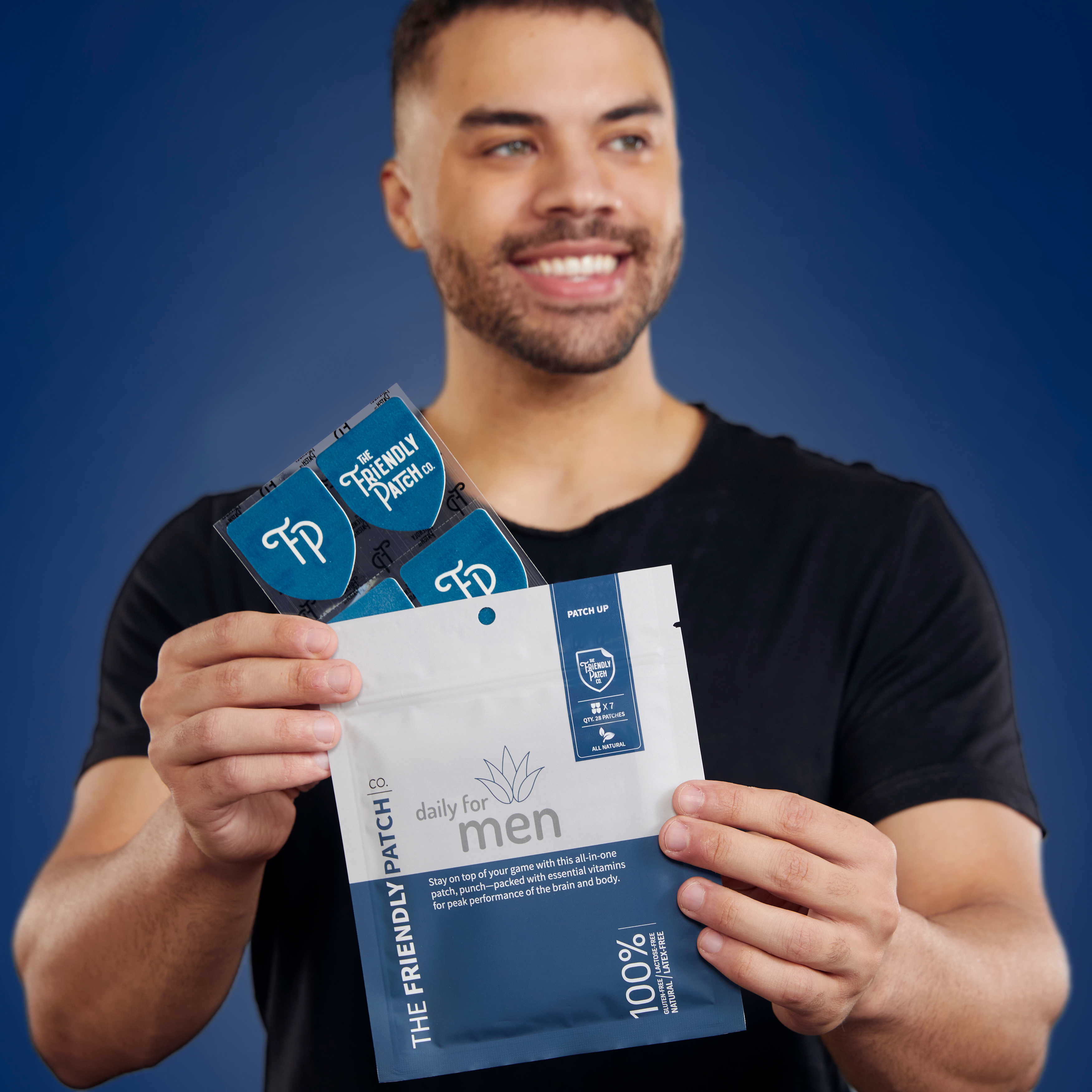 Transdermal men's vitamin patches by Friendly Patch Co, 28-pack, showing individual vitamin patches designed for daily 12-hour support.