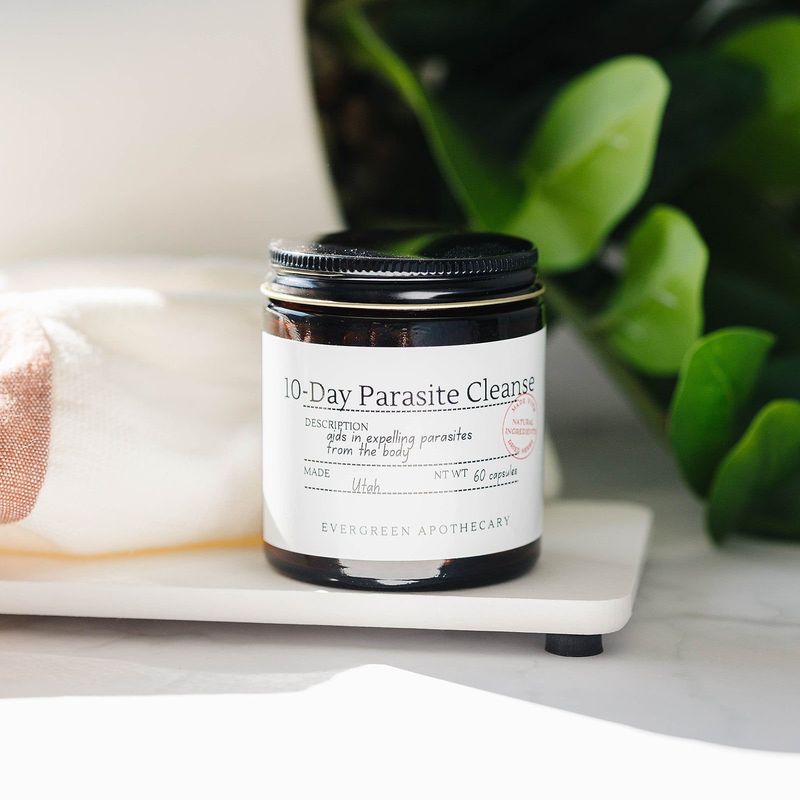 Herbal Wellness Capsules by Evergreen Apothecary, botanical blend supplement in a clear capsule, showcasing natural herbal ingredients inside.