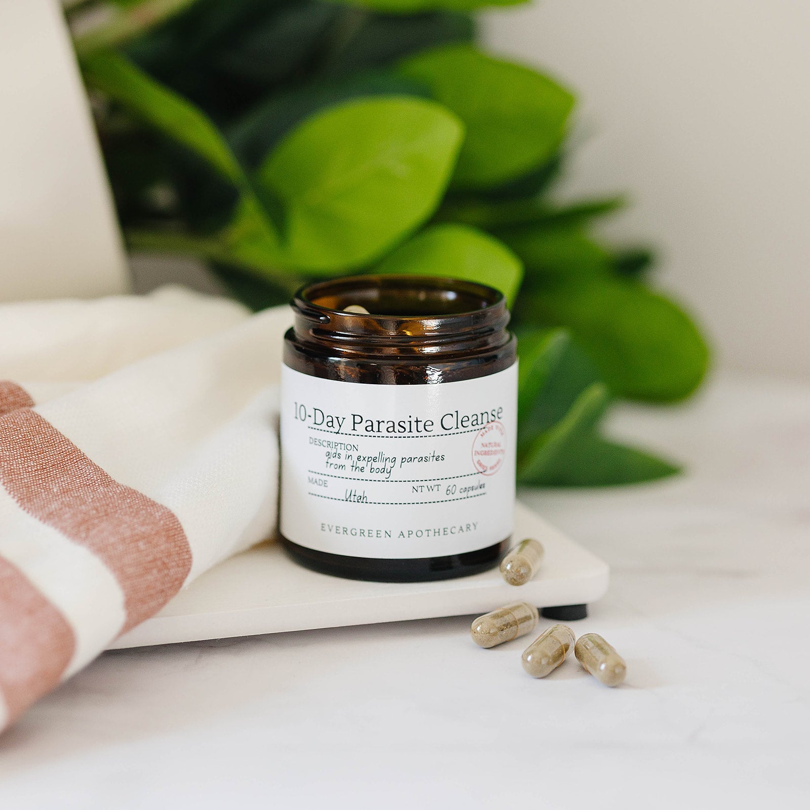 Herbal Wellness Capsules by Evergreen Apothecary, botanical blend supplement in a clear capsule showing herbal ingredients inside.