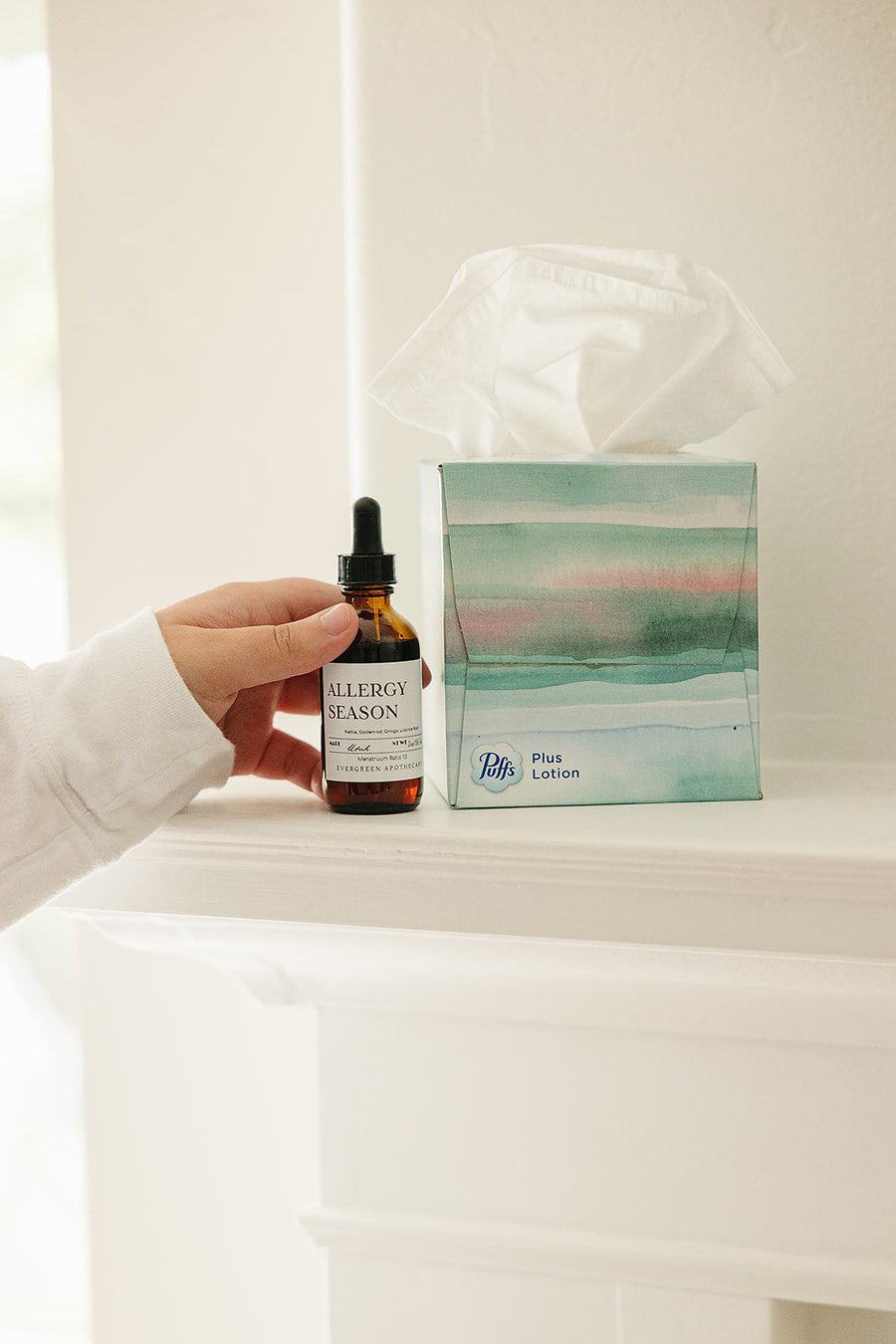 Evergreen Apothecary Allergy Season tincture bottle with label, natural remedy for allergy relief, in a clear glass bottle