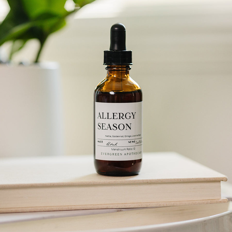 Evergreen Apothecary Allergy Season tincture bottle with label, natural herbal remedy for allergy relief.